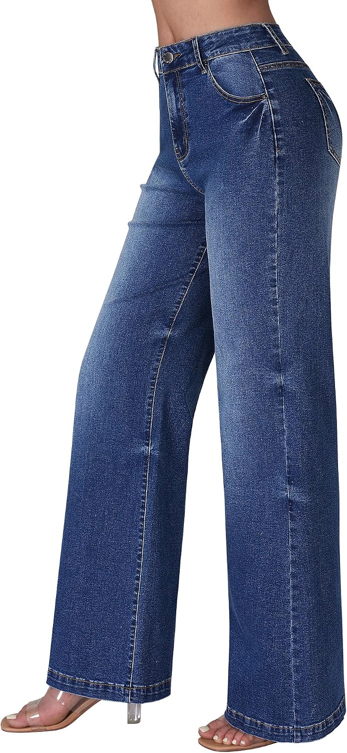 roswear Women's Wide Leg Jeans High Waisted Stretchy Denim Trouser Pants image 2
