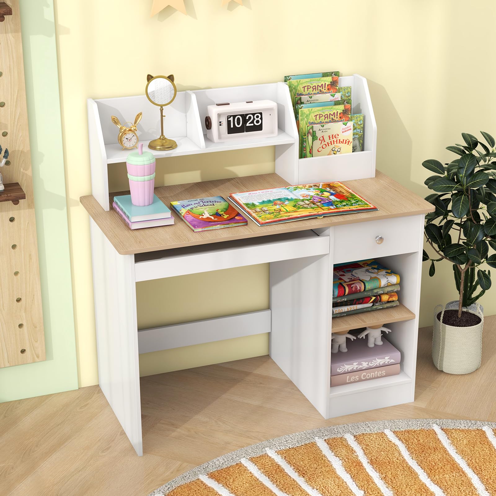 GOPLUS Table Enfant, Bureau Enfant en Bois avec Tiroir, 2 Étagères, Plateau à Clavier, 3 en 1 Bureau pour Fille Garcon avec Dispositif Anti-basculement, Naturel, 90X45X90CM