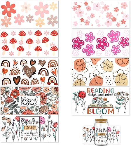 9 calcomanías de transferencia DTF, calcomanías de transferencia para vasos de vidrio, impermeables, DTF para transferencia de copas, calcomanías