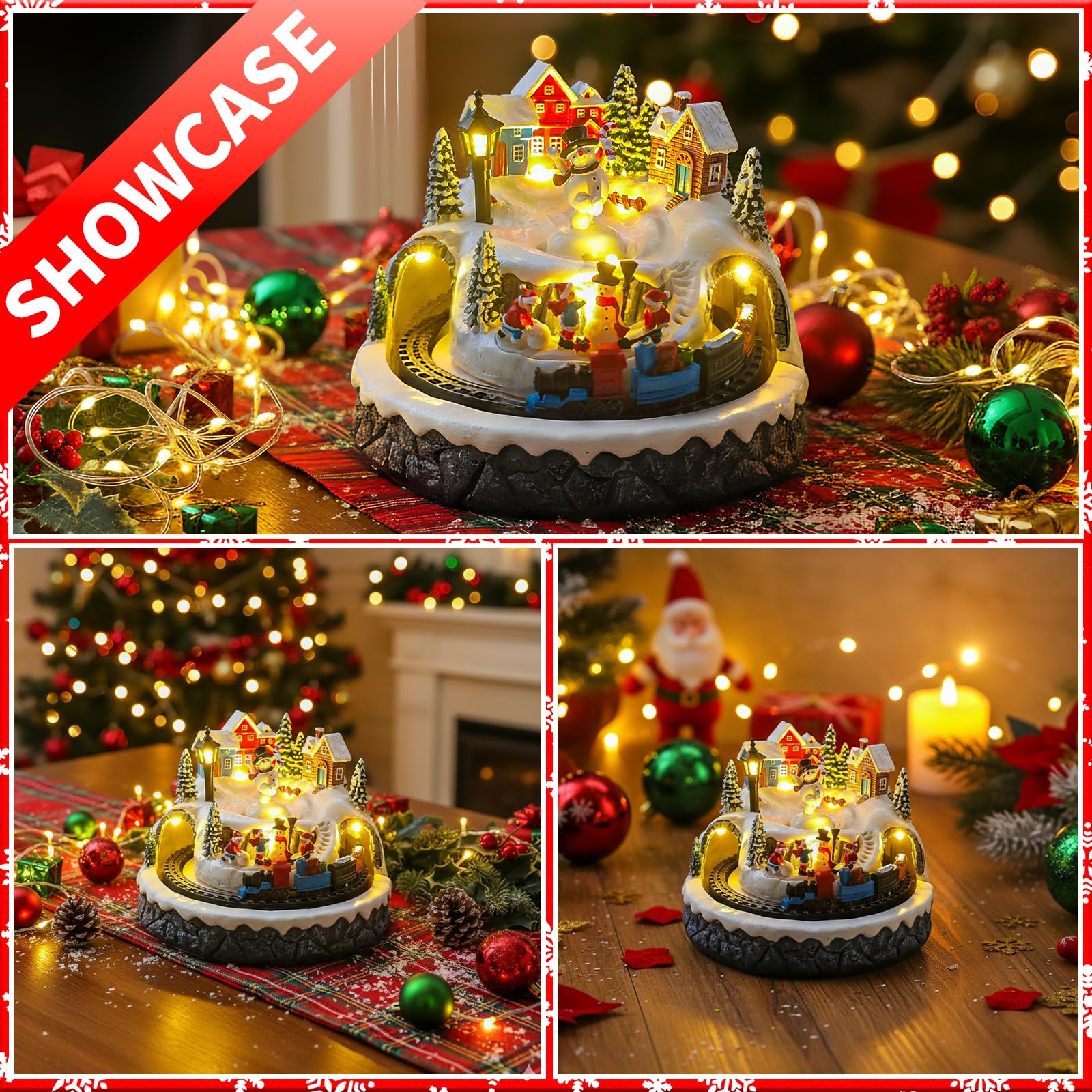 Décoration de village de Noël avec train rotatif et bonhomme de neige, bâtiments musicaux de collection, 8 chansons, lumières LED, fonction minuteur et deux options d'alimentation (USB ou batterie