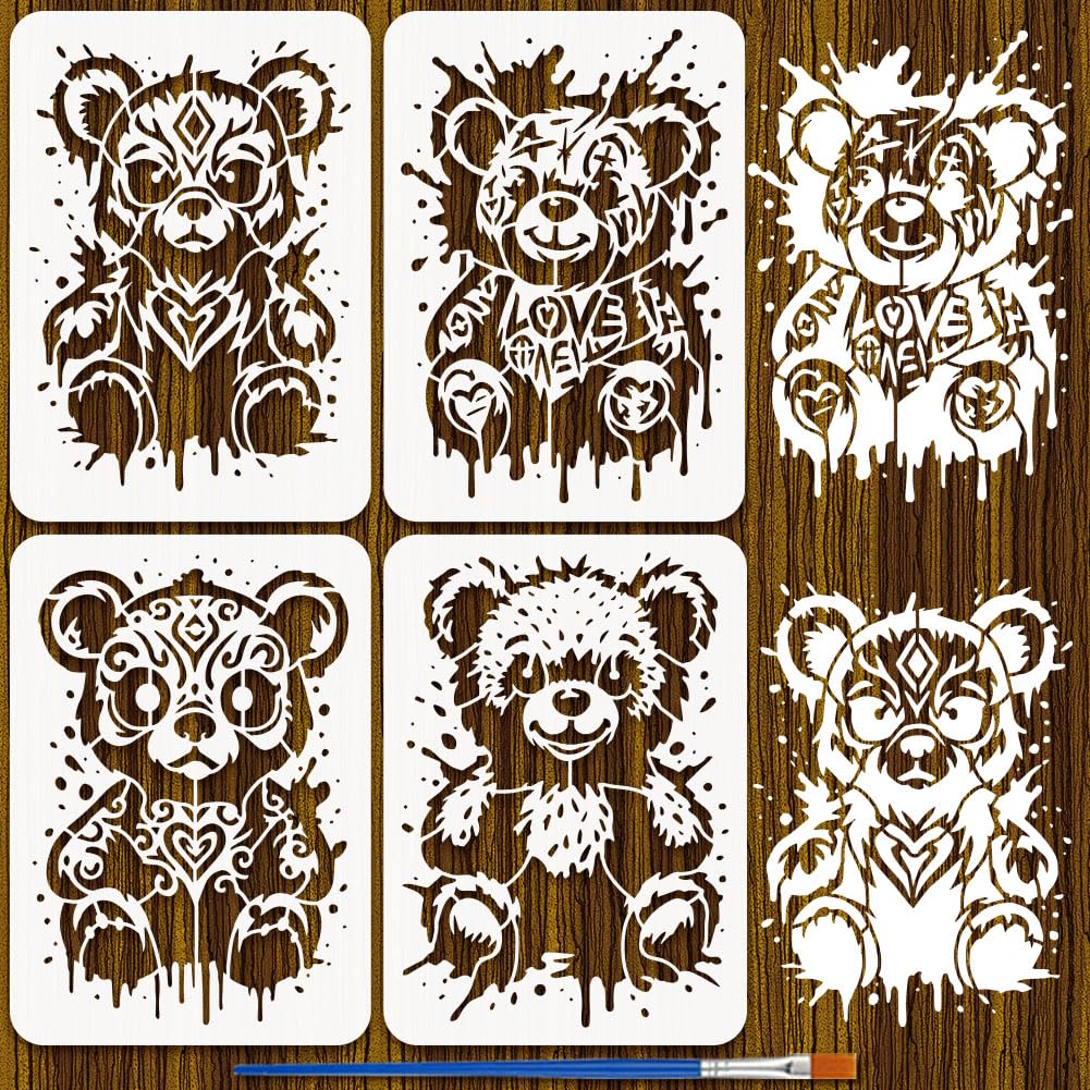 FINGERINSPIRE 4PCS Graffiti Bear Painting Stencil with Plastic Brush 21x29.7cm Hollowed Plush Bear Drawing Template Reusable Bear Pattern Stencil Graffiti Theme Template for Painting on Wood