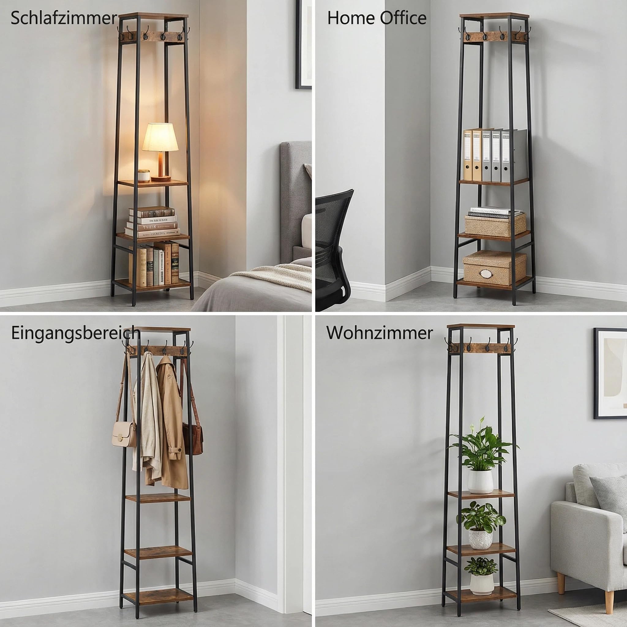 Freistehender Garderobenständer, Garderobe mit 3 Regalen und 7 Haken, Hall Tree Stehorganizer, Kleiderständer Organizer, Industriestil, Rustikales Braun & Schwarz