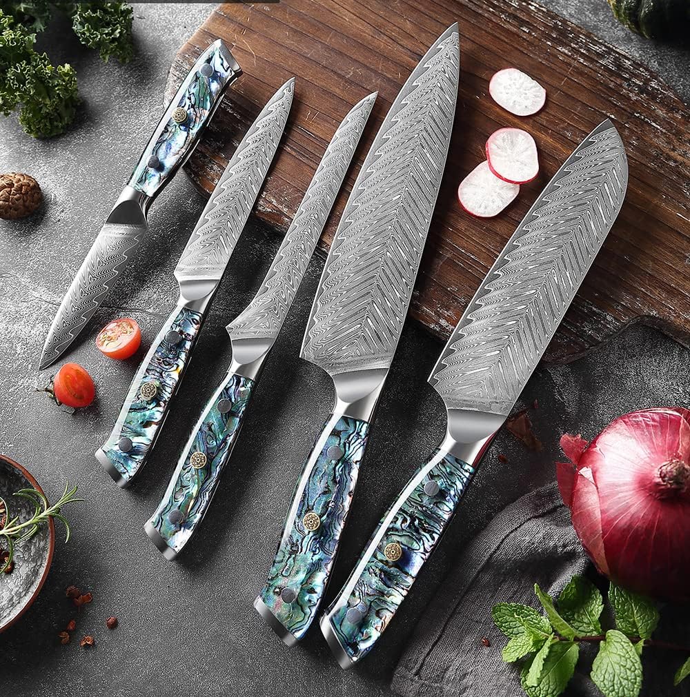 Chef Knife Set Sharp Knife With Abalone Seashell Handle Set 5 PCS-8" Chefs Knife &7" Santoku Knife& 6" Boning Knife &5" Utility Knife &4" Fruit Knife