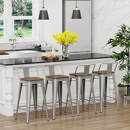 Miniatura 46 de Yongchuang - Juego de 4 taburetes de barra de metal (parte superior de madera, espalda baja) Negro -,Crema Blanco,Blanco