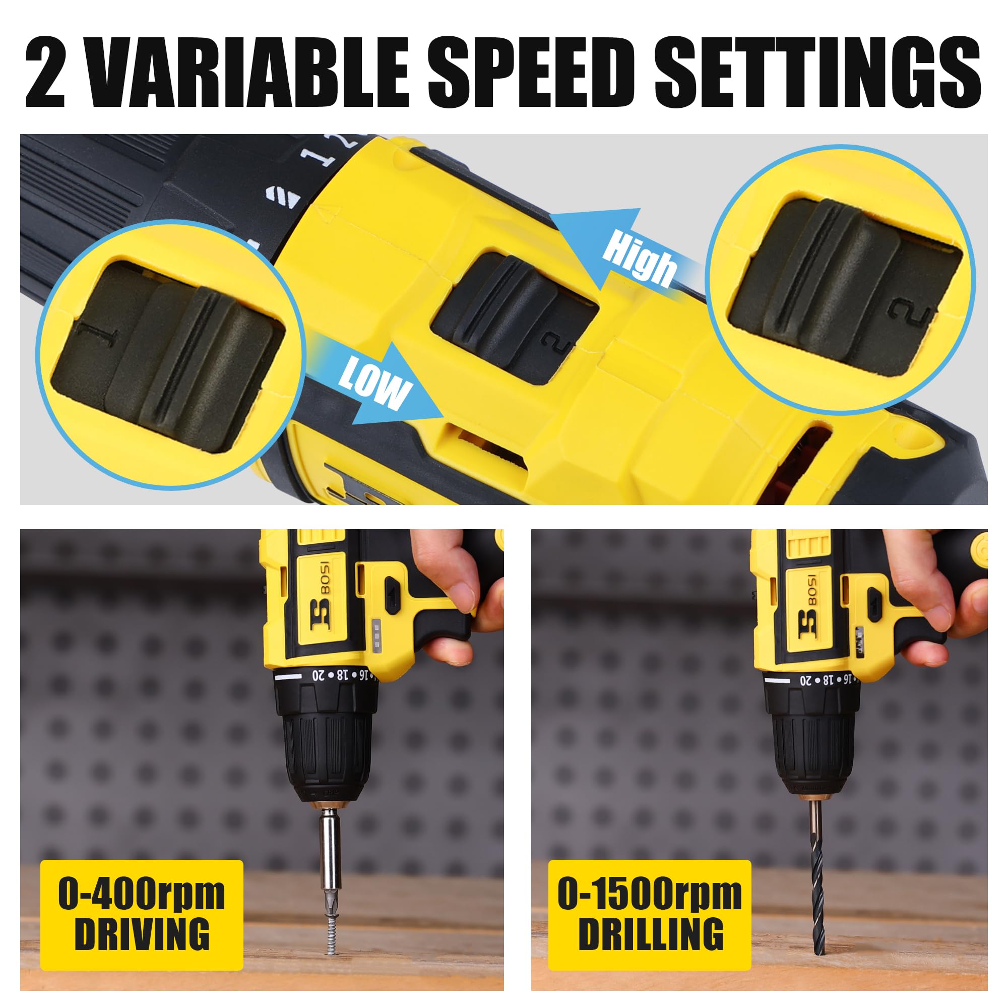 BOSI TOOLS Cordless Drill Set 16.8V Power Drill Driver Kit with 2 2000mAh Batteries and Charger Brushless 3/8-Inch Keyless Chuck 2 Speed 20+1 Position Torque Setting 27pcs Drill Screwdriver Bits