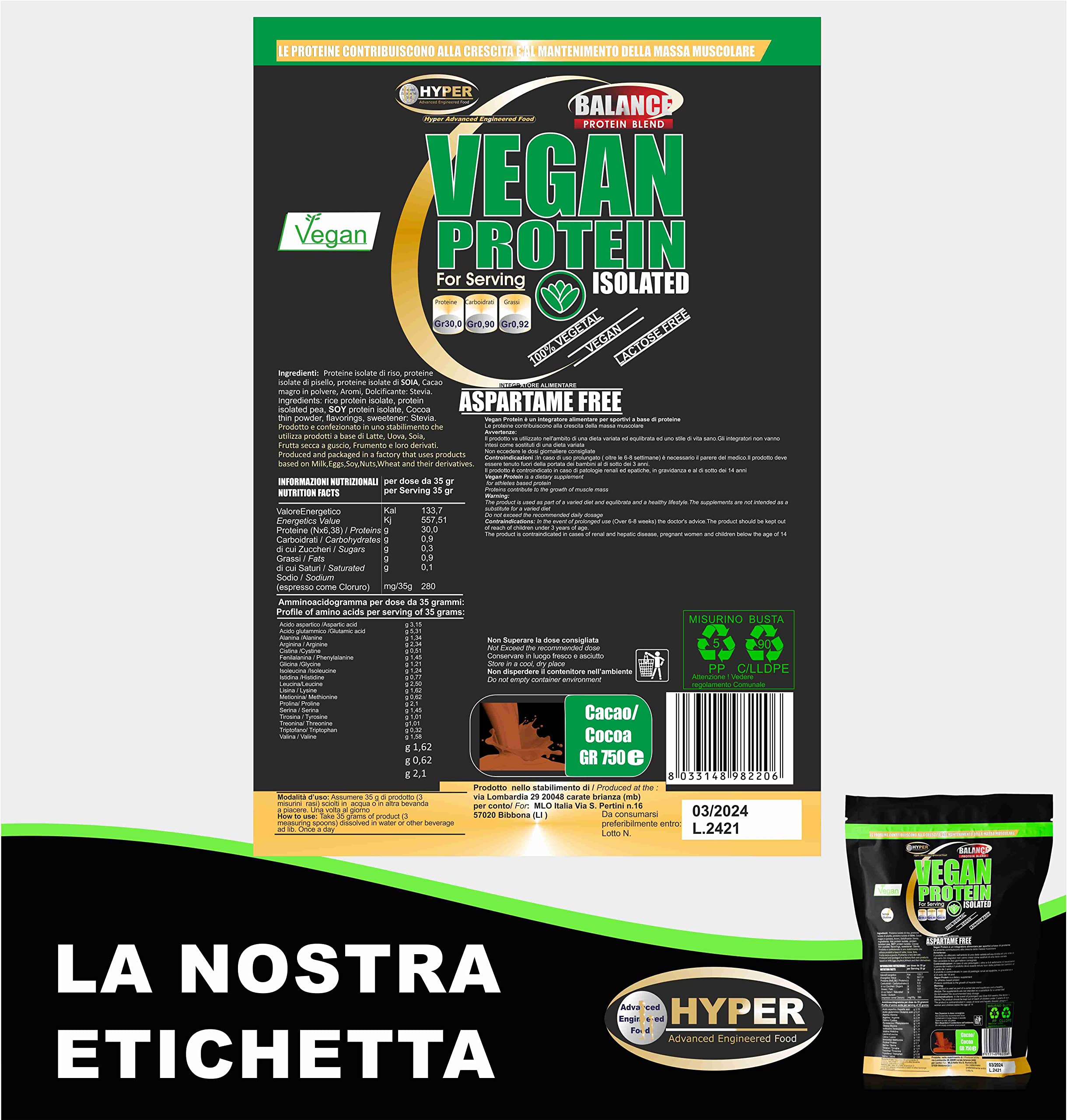 Hyper Vegan Protein Proteine Vegane da Fonti Vegetali (Proteine Isolate Soia Riso Pisello) Rilascio Graduale (gr 750 cacao)
