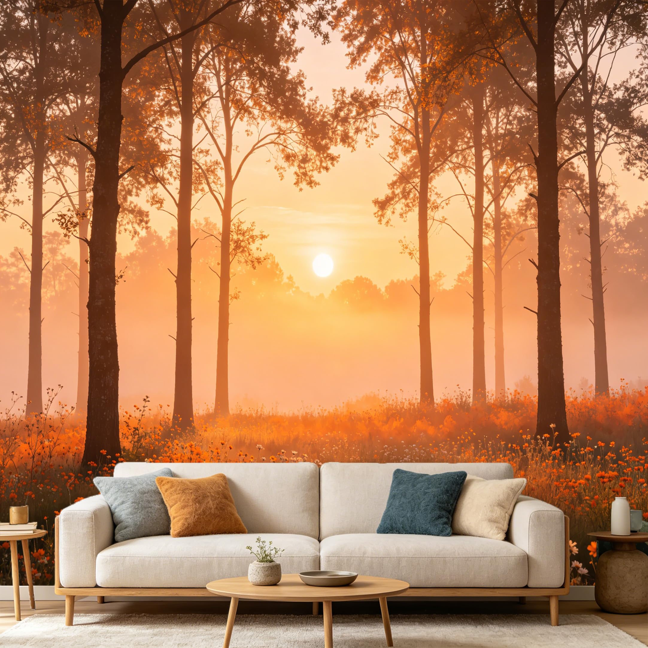 Custom Size Wall Mural Forest Landscape Sunrise Golden Morning Mist Wildflowers SelfAdhesive Art Prints wall Fabric (No PVC) Removable Wallpaper Home Bedroom Decor