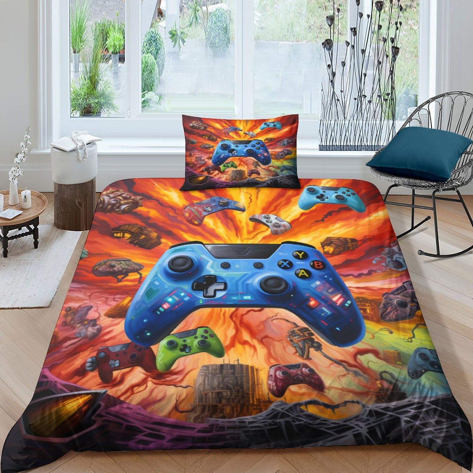 Housse de couette volcan 3D parure de lit style apocalyptique microfibre fermeture éclair