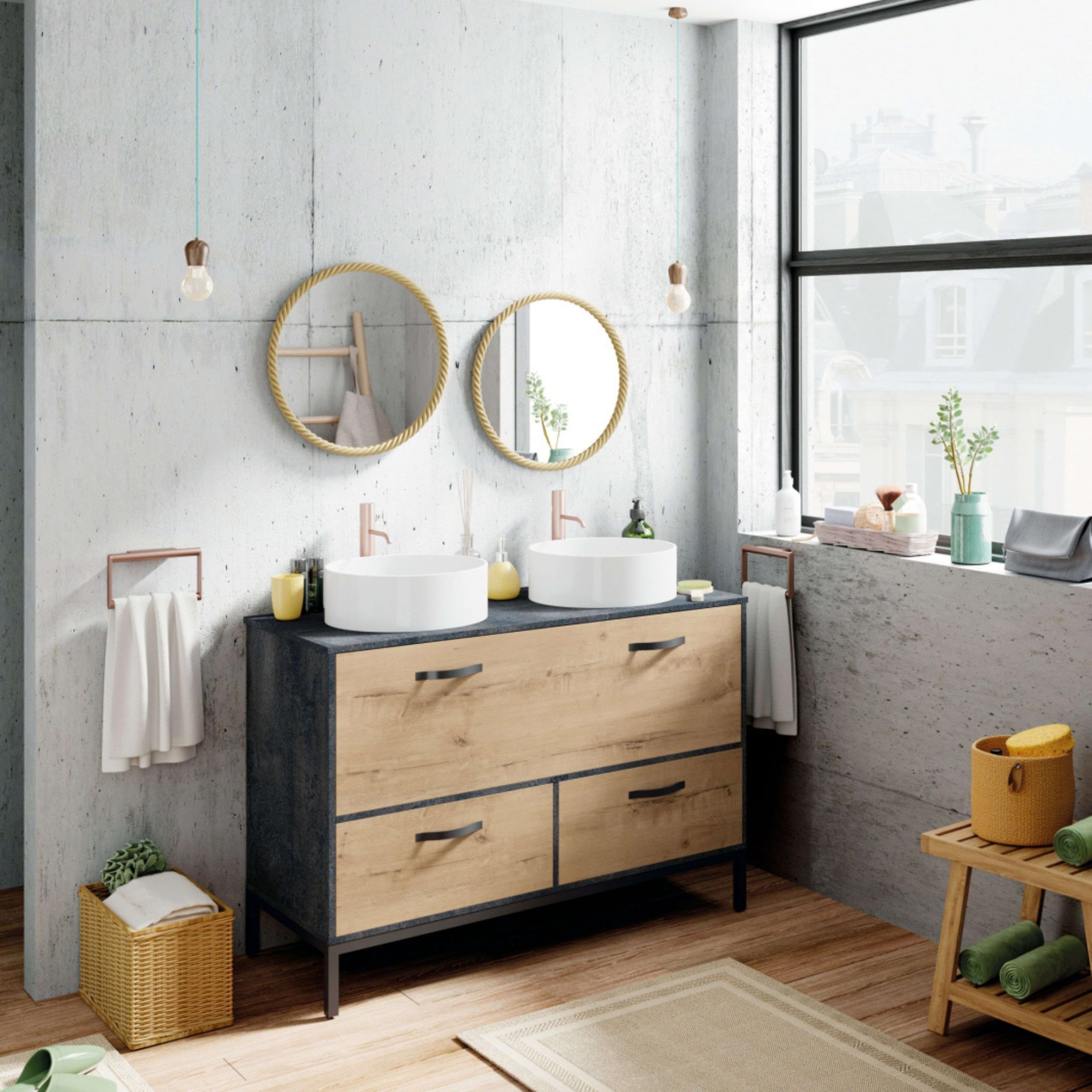Muebles Pitarch | Mobile da bagno doppio, larghezza 120cm, industriale, Nero e Rovere Gold, con struttura a piedi, 2 cassetti e 1 porta, per lavabi da appoggio, modello Sena