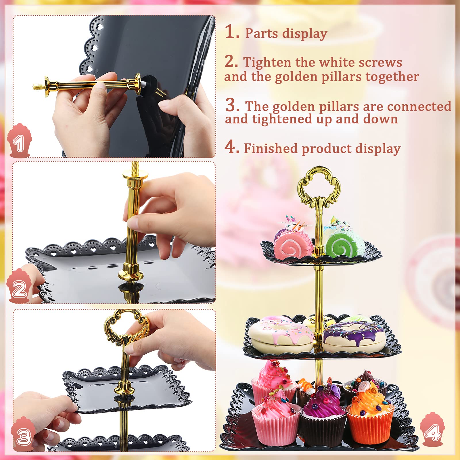 Lot De 2 Présentoirs à Gâteaux 3 étages Blanc Et Or - Pour Cupcakes, Desserts - 34x25cm