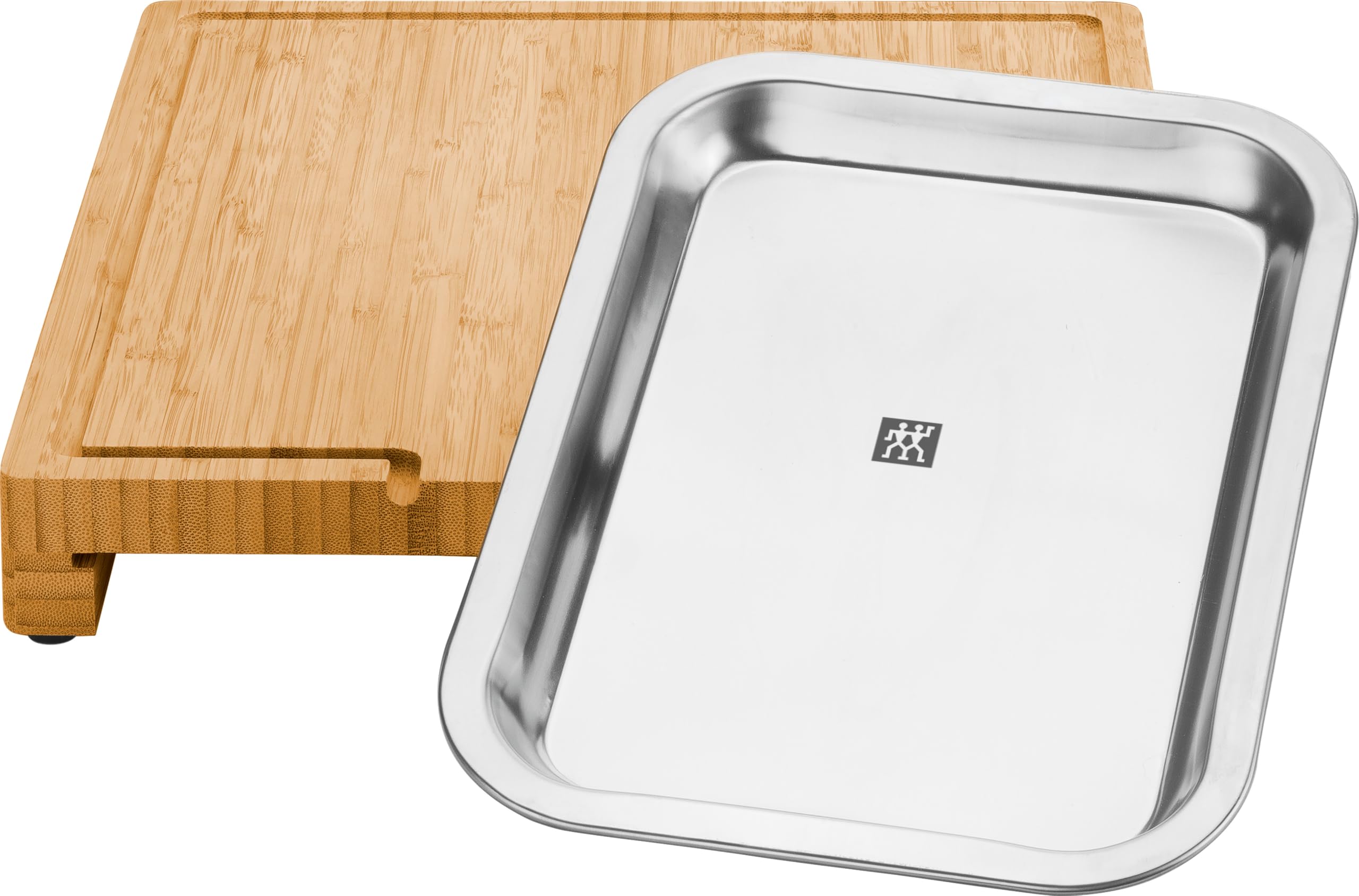ZWILLING BBQ+ Schneidbrett mit Auffangschale, Saftrille, 39 x 30 x 5 cm, FSC-zertifizierter Bambus, Schale aus Edelstahl, Braun