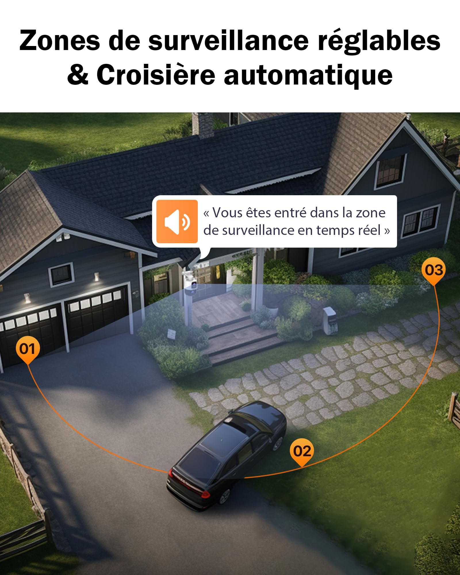 Tenda Caméra Extérieure WiFi 3MP+3MP, Double Objectif, 360° PTZ, Audio Bidirectionnel, Couleur Vision Nocturne 30m, Détection Personnes/Véhicules, Suivi Auto, Alertes Vocales Personnalisées, CH9