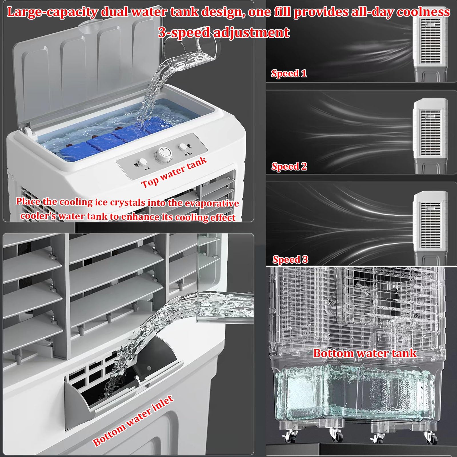 Raffrescatore evaporativo industriale con ruote per magazzino, fabbrica | Serbatoio dell'acqua di grandi dimensioni da 50/55/90 litri, con telecomando e 4 impacchi di ghiaccio(135X70X50CM/90L)