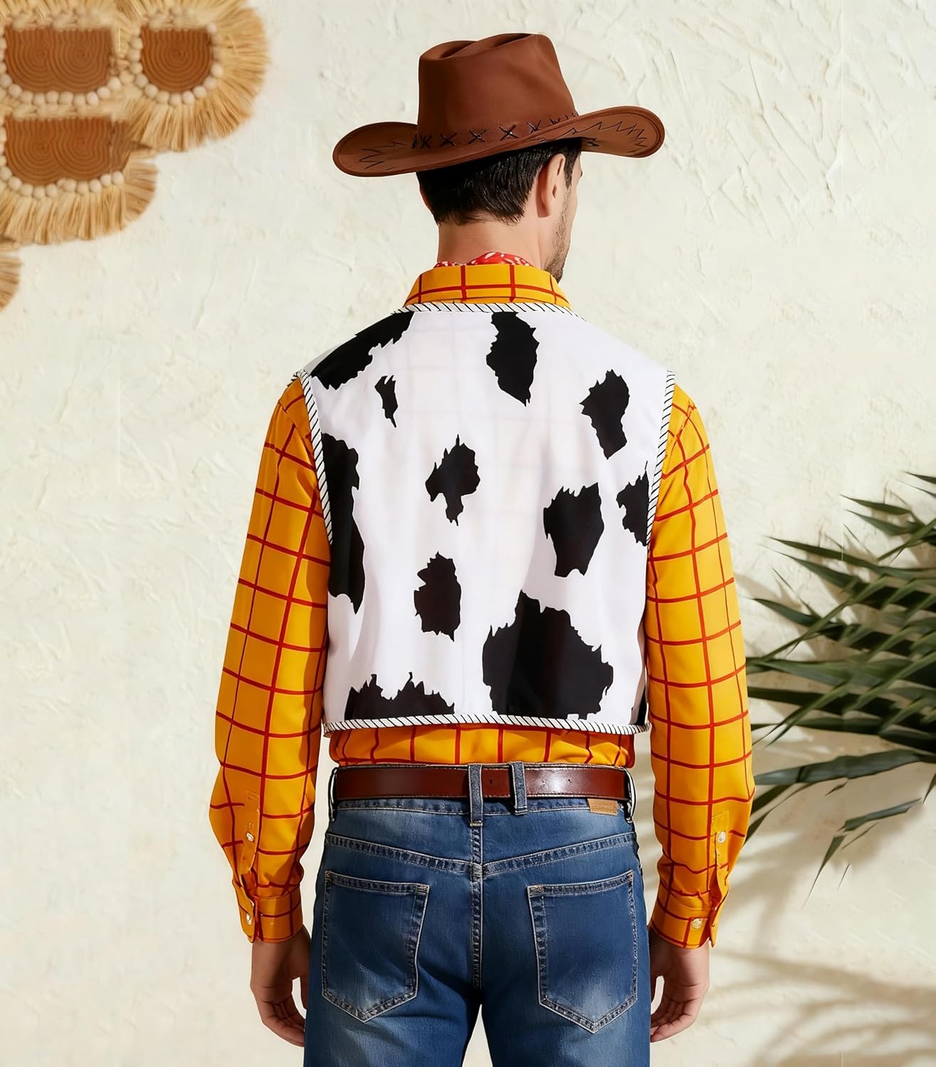 Mens Western Cowboy Sheriff Costume Button Down Adults Fancy Striped Shirt Kit (Yellow, L)