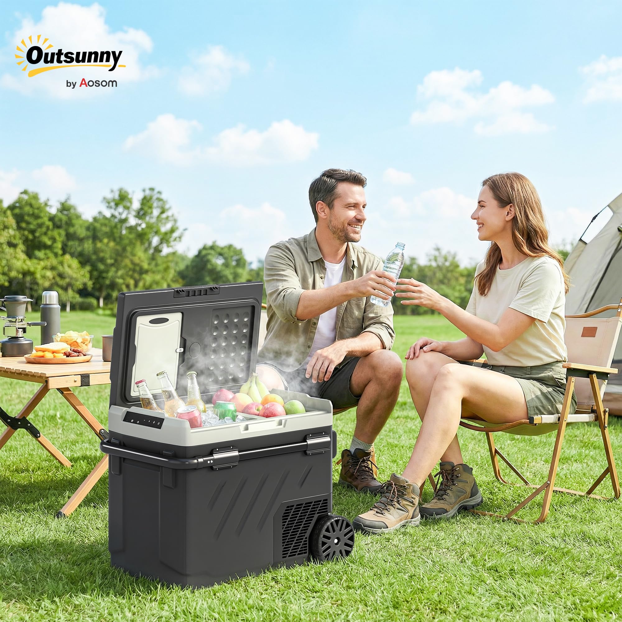 Outsunny Nevera Portátil Eléctrica 49L 12/24/240V Refrigerador de Coche con Compresor Doble Zona Control por App Luz LED Pantalla Modos ECO y MAX de -20℃ a +20 ℃ Asa Telescópica Ruedas y Puerto USB
