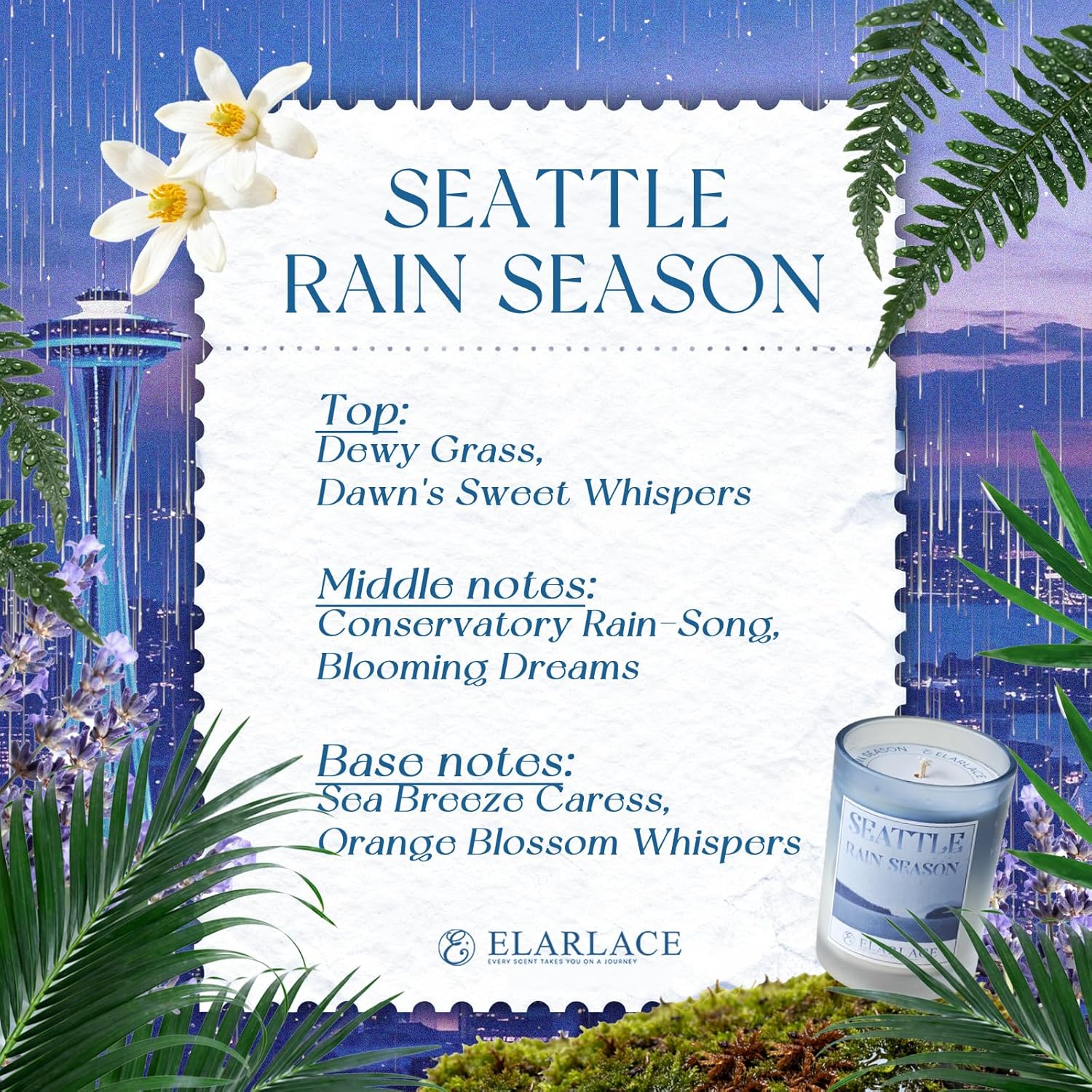 Seattle RAIN Season Scented Candle | 40H Burn Time, 8.8oz Clean-Burning Plant-Based Candle | Tranquil Pacific Northwest Scent | Fall & Holiday Gift for Travel Lovers