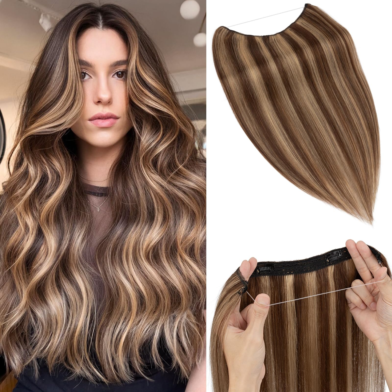 Benehair Extensiones de Alambre de Cabello Humano, 65g Una Sola Pieza Invisibles Extensión, Ajustables de Cabello Humano Extensiones, Halo de Alambre de Cabellera Real, 45CM #4RP27R