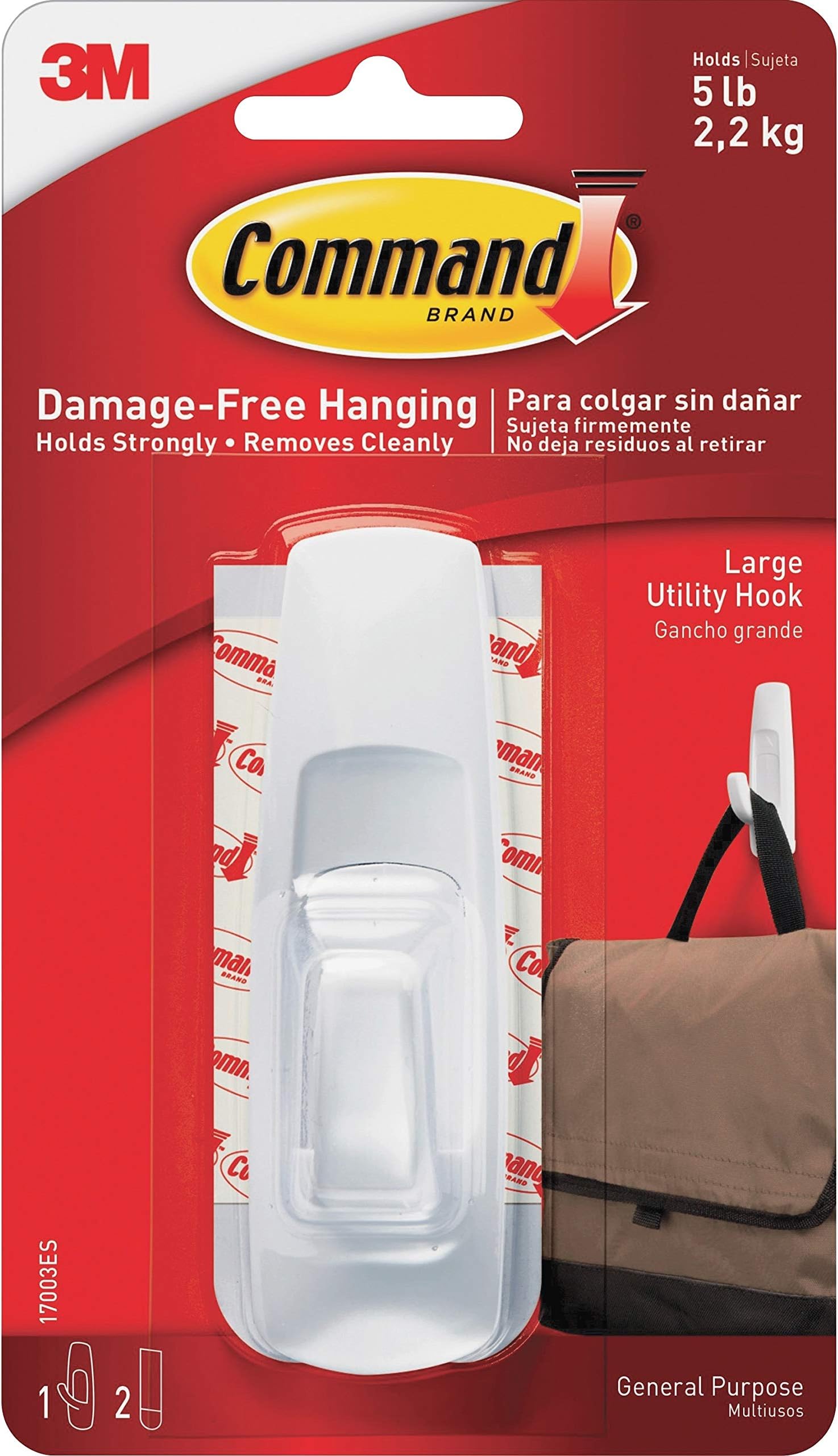CommandStore,Plastic Utility Hook, Large, 5-Pound Capacity, 4-Hooks, White (3M - 17003ES - 4/Pack)