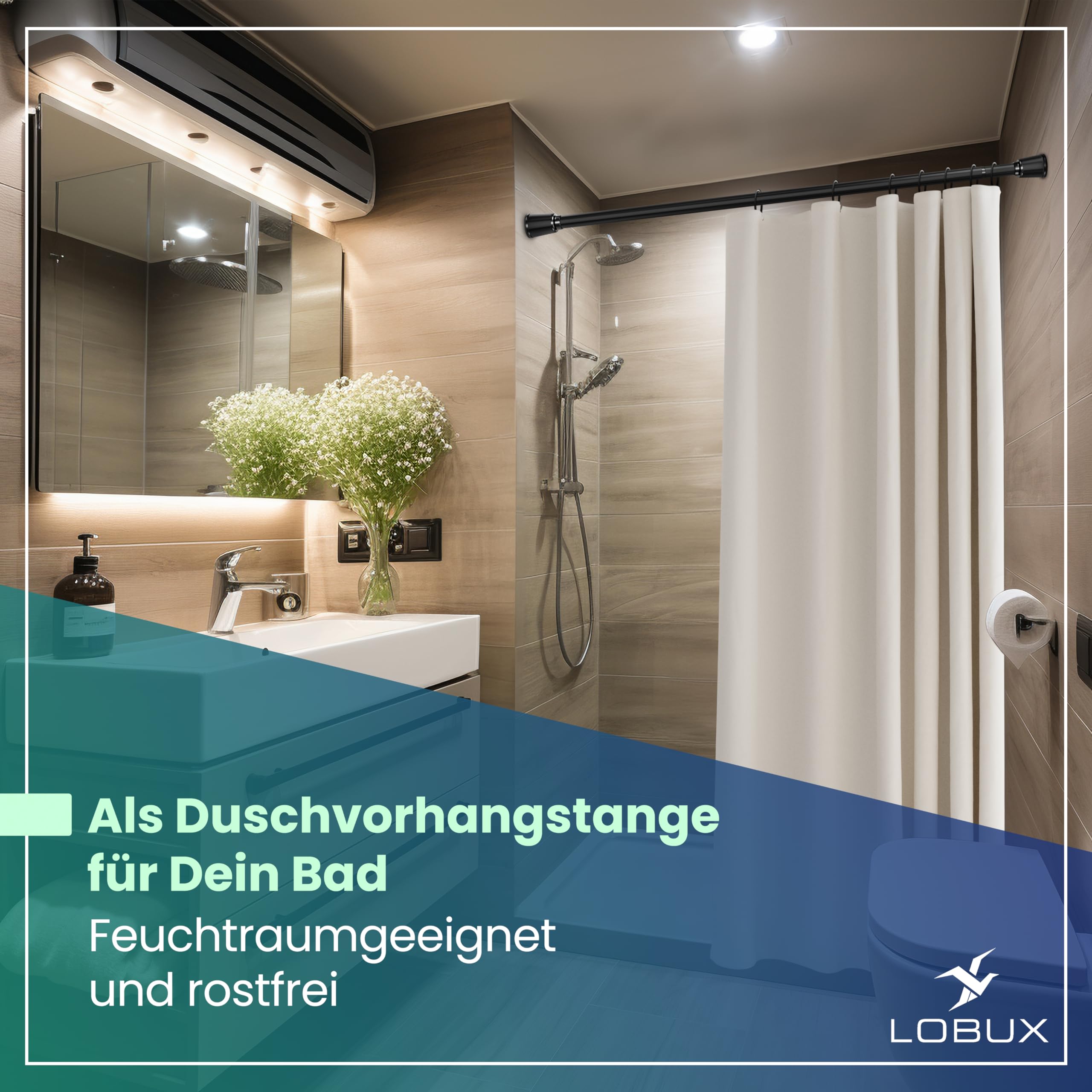 LOBUX® - Bastone per tende senza fori [nero, 260 – 350 cm) – Asta telescopica allungabile – Asta doccia senza fori – Asta per tenda da doccia, asta appendiabiti, asta di serraggio per gatti