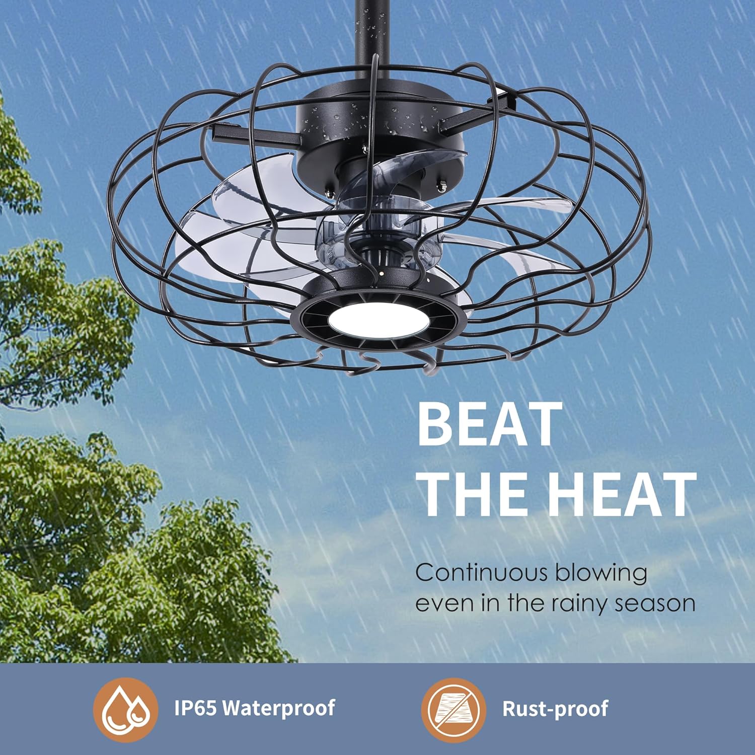 15" Outdoor Ceiling Fans with Lights and Remote,Black Waterproof Gazebo Fan, Plug in Ceiling Fan with 3 Color LED Light, Portable Hanging Gazebo Fans with Plug in Cord Hook for Patios