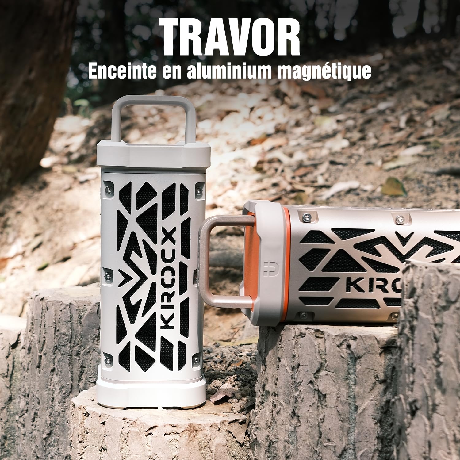 TRAVOR Enceinte Bluetooth en Aluminium Robuste et Magnétique, 45W Bass Boost, IP68 Étanche et Antichoc, Jusqu’à 25 h d’Autonomie, pour Camping-Car, Vanlife, Voyage et Aventures en Plein Air
