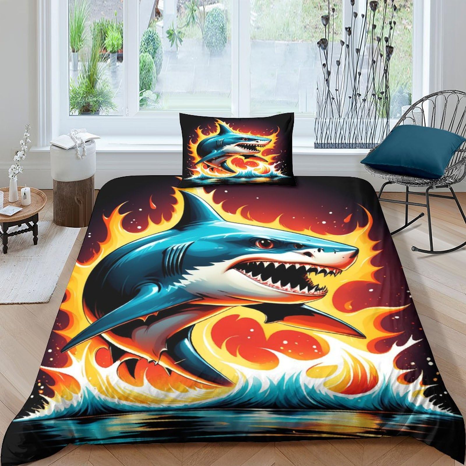 Housse de couette requin 3D et 2 taies d'oreiller pour lit enfant et ado
