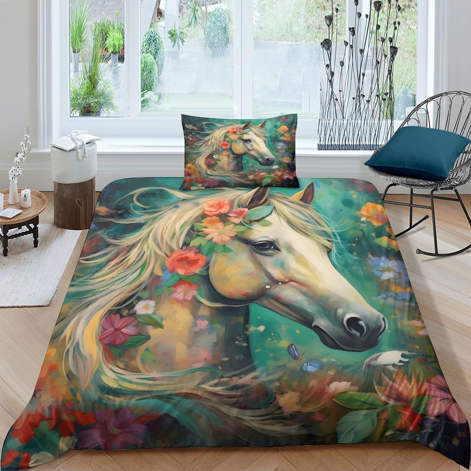 Parure fleurs et chevaux 3D pour chambre enfant et adulte housse couette 135x200cm zippée