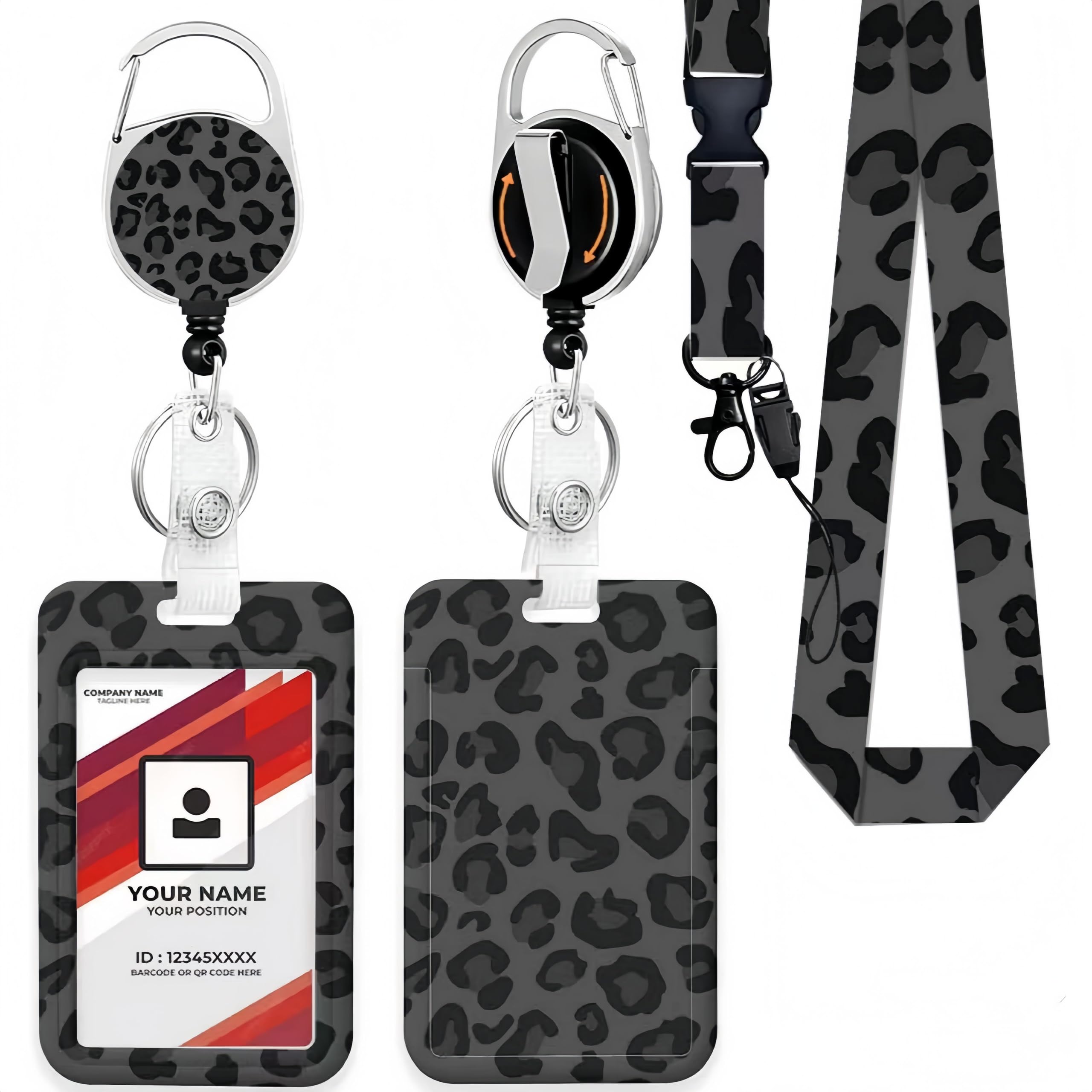 LEBKFT Sliding Badge Holders, Leopard Plastic Case with Retractable Badge Reel Carabiner Clip and Detachable Lanyard Strap Vertical ID Protector for Office Worker Teacher Student Nurse (Grey)