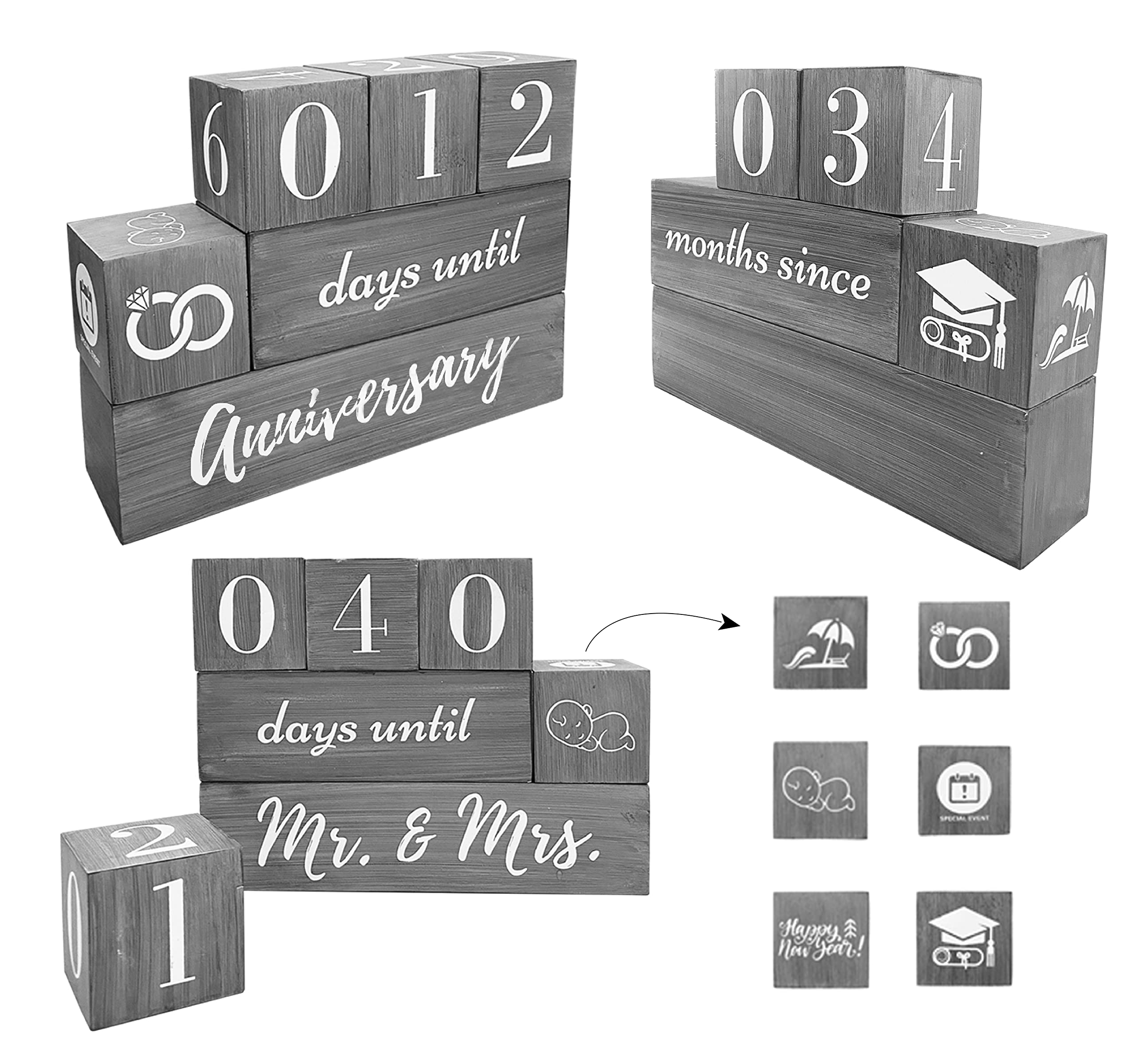 LO&RE Wedding Countdown Block, Baby Milestone Blocks, Multi Holiday Countdown Blocks - Bride To Be And Engagement Gifts For Couples - Vacation, New Year's, Graduation Gifts (Love & More Gray Calendar)