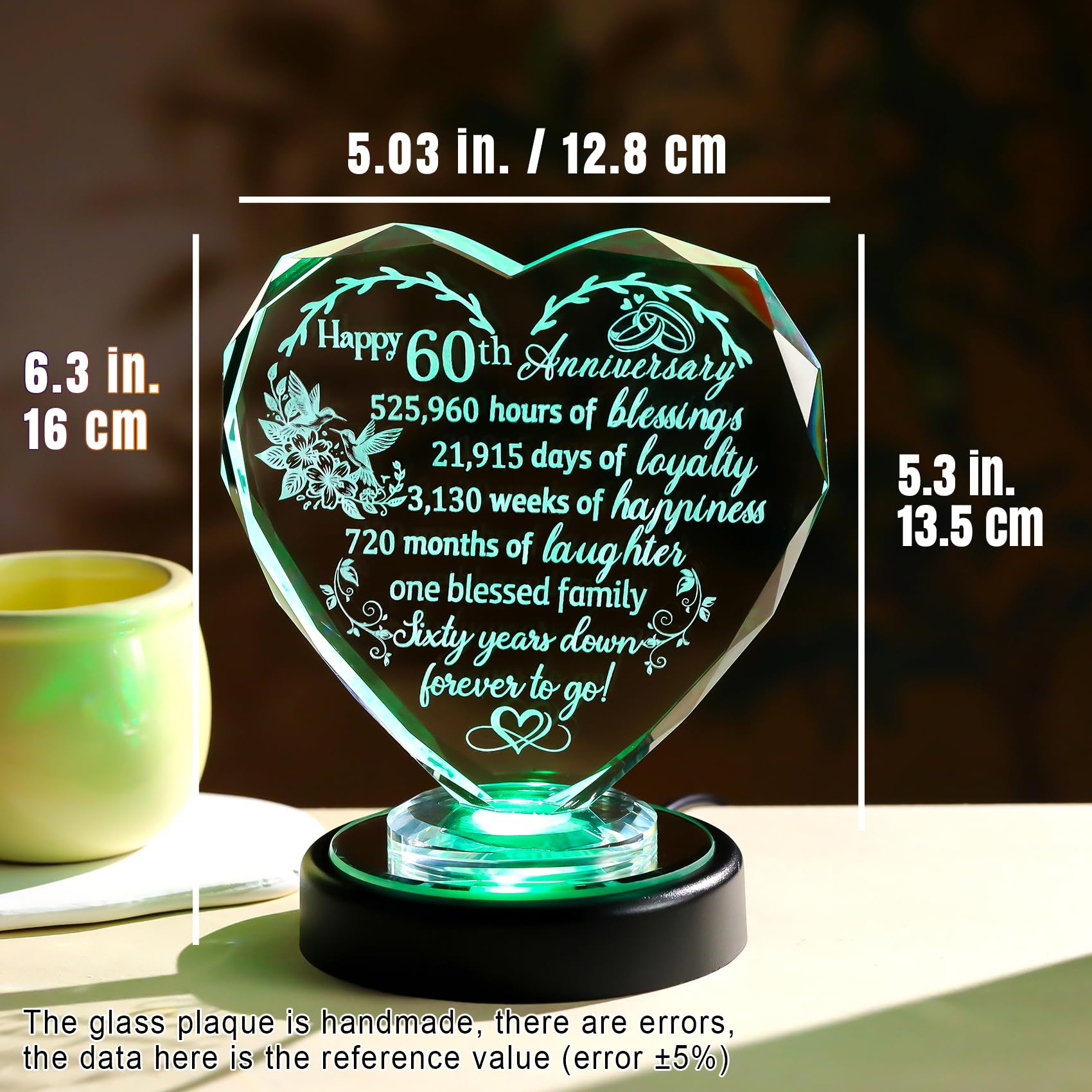 60th Wedding Anniversary Heart Love Gifts for Wife Parents Happy 60th Glass Heart Keepsake with LED Base Ornaments 60 Years Anniversary Wedding Presents for Women Friends Couples - Image 4