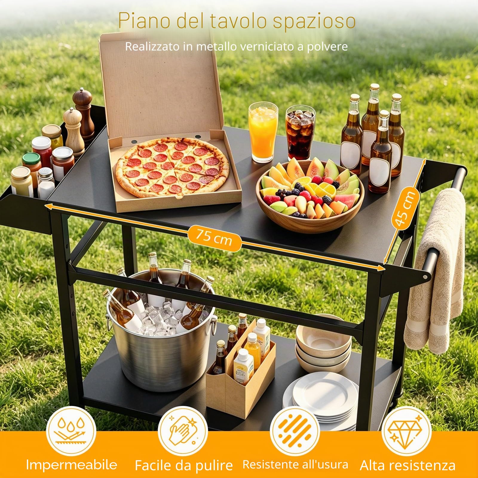 KOMFOTTEU Carrello per Barbecue a 2 livelli, Carrello da Giardino con Porta Asciugamani e Scaffale per Spezie, Desserte da Esterno, 4 Rotelle, per Giardino e Terrazza, 100 x 45 x 80 cm, Nero