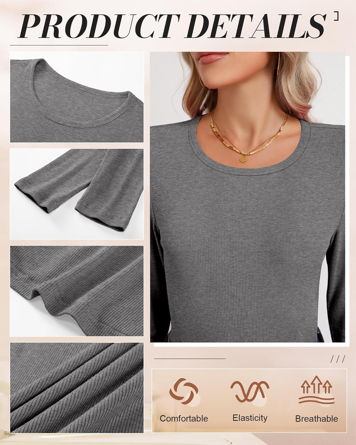 Ficerd 3 Pack Women's Ribbed Long Sleeve Tops, Crew Neck Slim Fit Undershirts Knit Basic Casual Stretch Layering Tee Shirts - Image 5