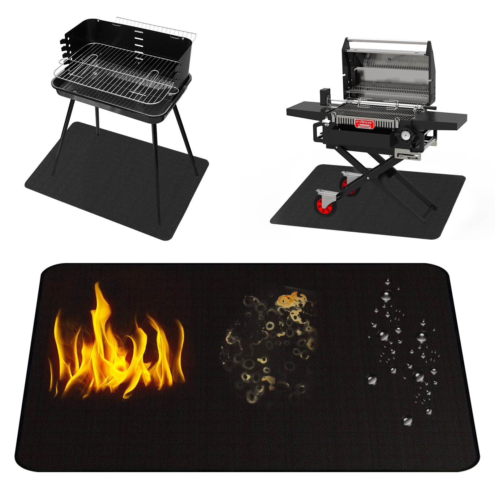Heat Resistant Mat Under BBQ Grill, 122x100CM Fire Pit Mat for Decking, 4-Layer Thickened Fireproof & Waterproof Mat BBQ Mats for Portable Charcoal, Gas Grills, Pizza Oven, Black