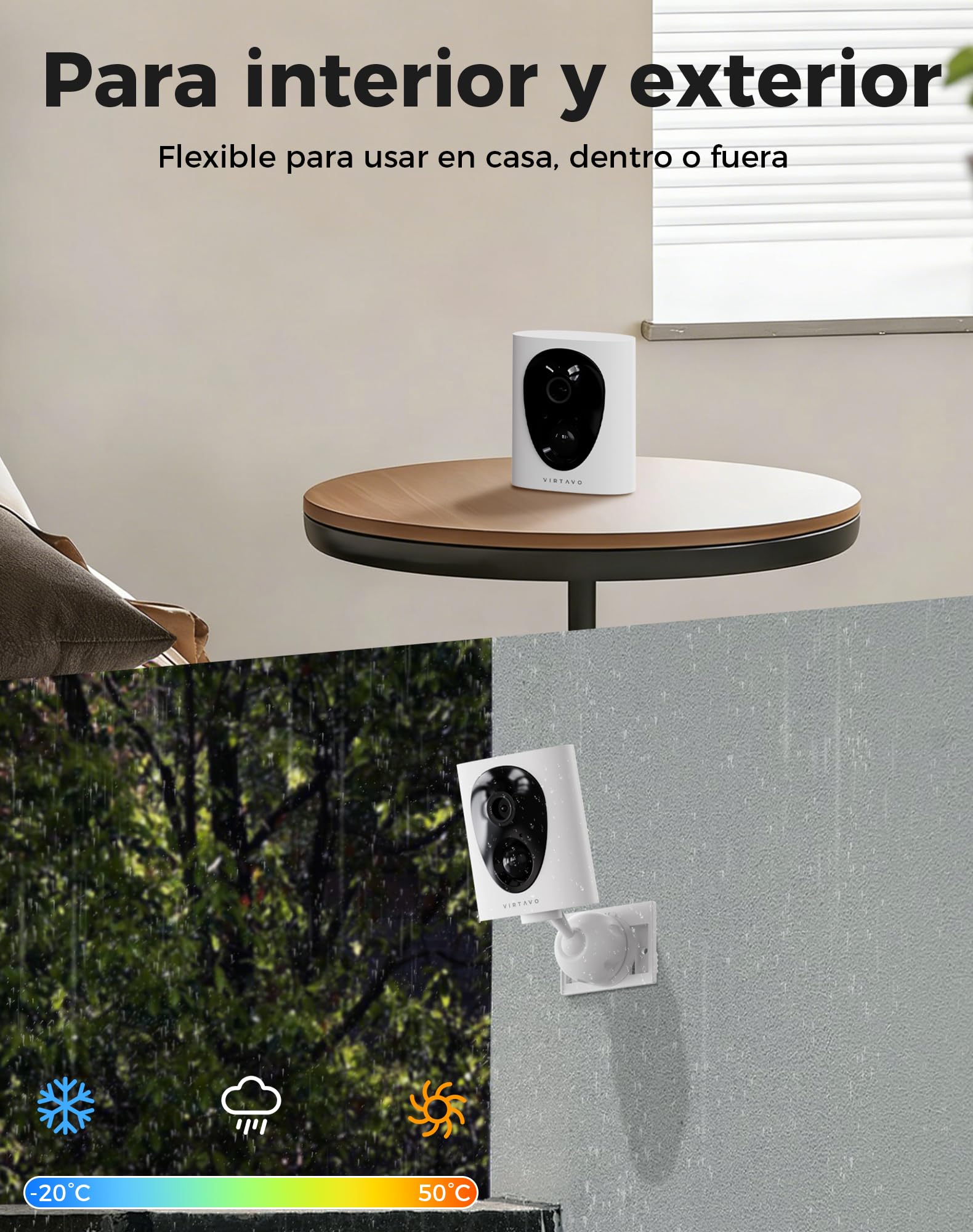 VIRTAVO 2K Camara de Vigilancia WiFi Exterior/Interior sin Cables, Cámara Seguridad con Batería Recargable, Visión Nocturna Starlight, Sin Suscripción Obligatoria, Detección PIR, Audio Bidireccional