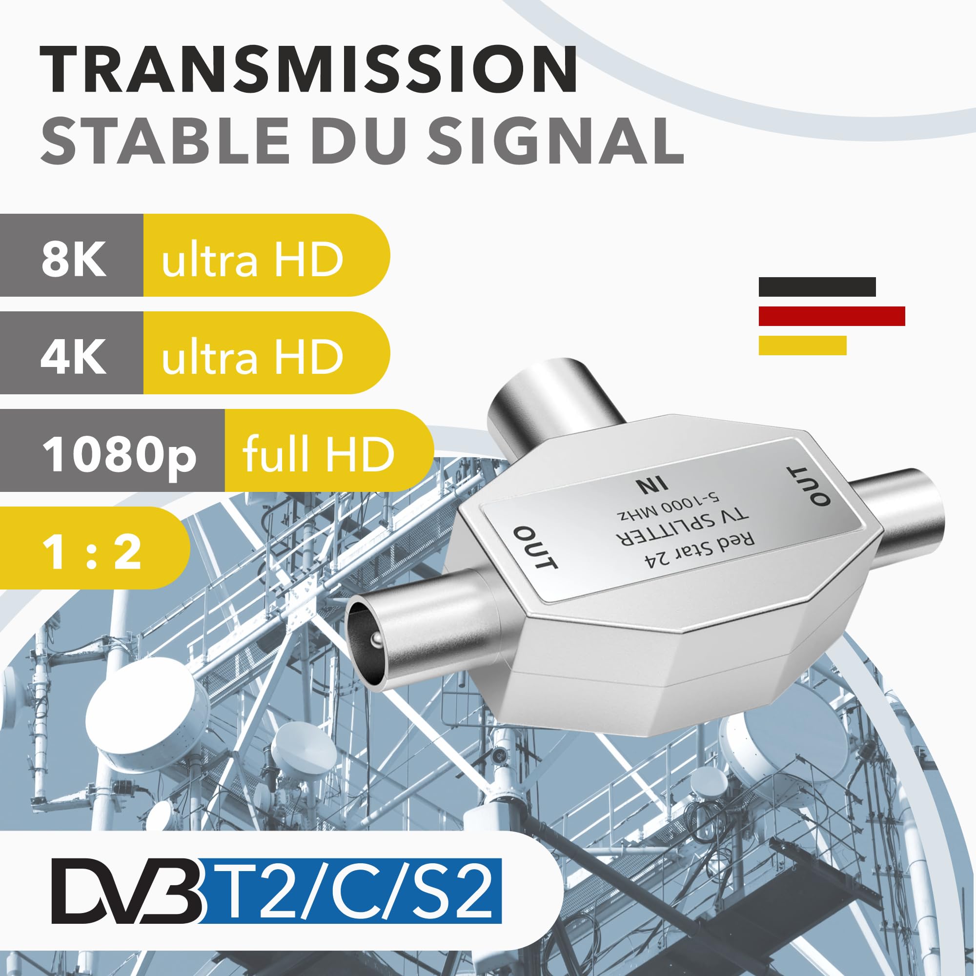 RedStar24 répartiteur d'antenne 2 voies T-Adapter Splitter TV DVB-T 5-1000 MHz
