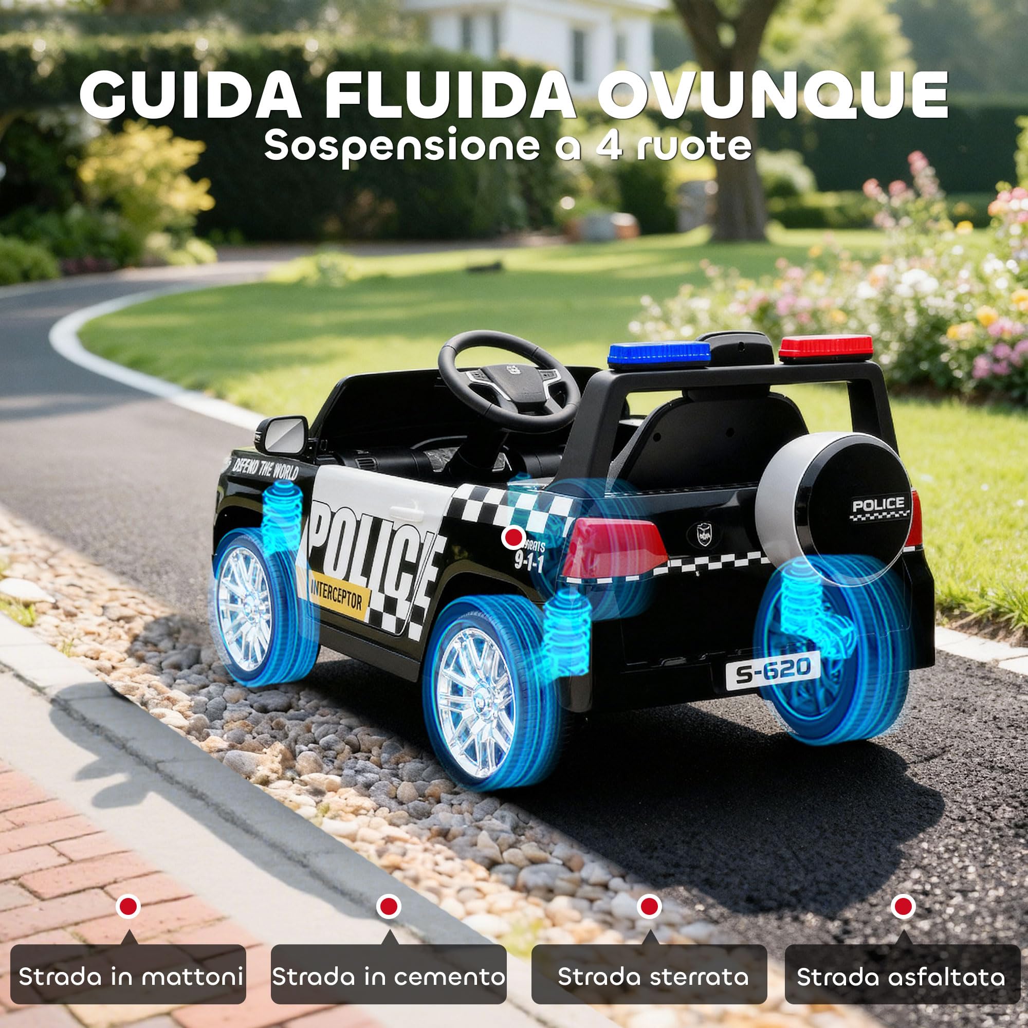 AIYAPLAY Macchina Elettrica della Polizia per Bambini 3-5 Anni 12V 2 Motori | Sirena, Luci LED, Sospensioni, Telecomando, USB, Bluetooth, Musica, Clacson, 3-5 km/h