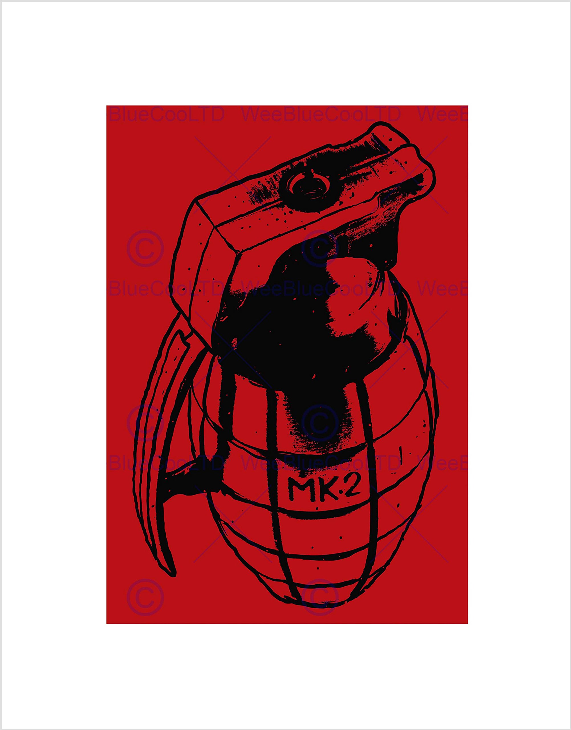 Wee Blue Coo Illustration Hand Grenade War Weapon Red Black Wall Art Print