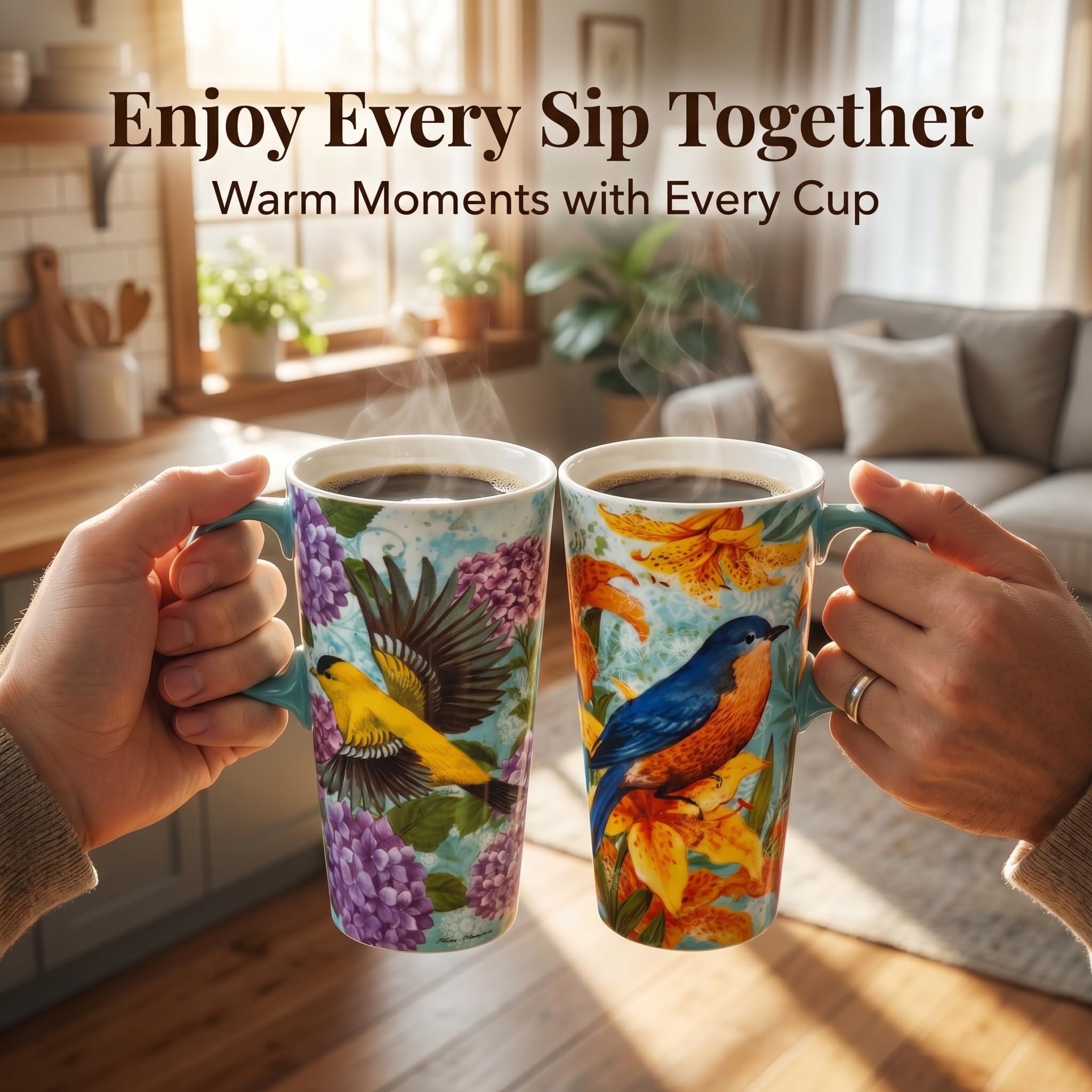 Taza de café de cerámica, juego de tazas de viaje de café con asa y tapa, taza de viaje para porcelana, 17 onzas, taza de té alta para el hogar y la oficina, taza con patrón artístico de colibrí