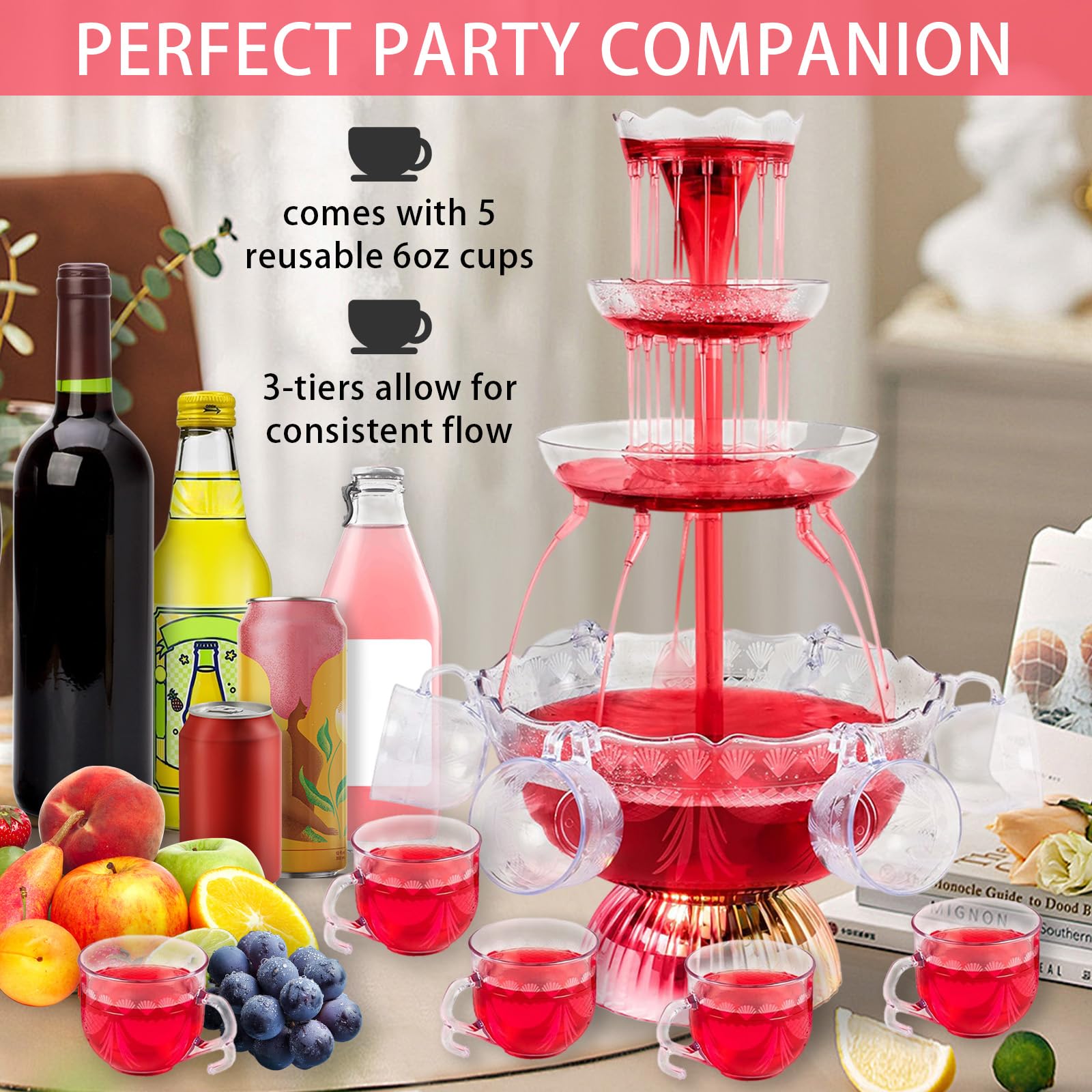3 Niveaux Fontaine de Fête avec Boissons Réutilisables, Vin Éclairé LED, Fontaine à Boire pour Pubs, Fêtes et Anniversaires