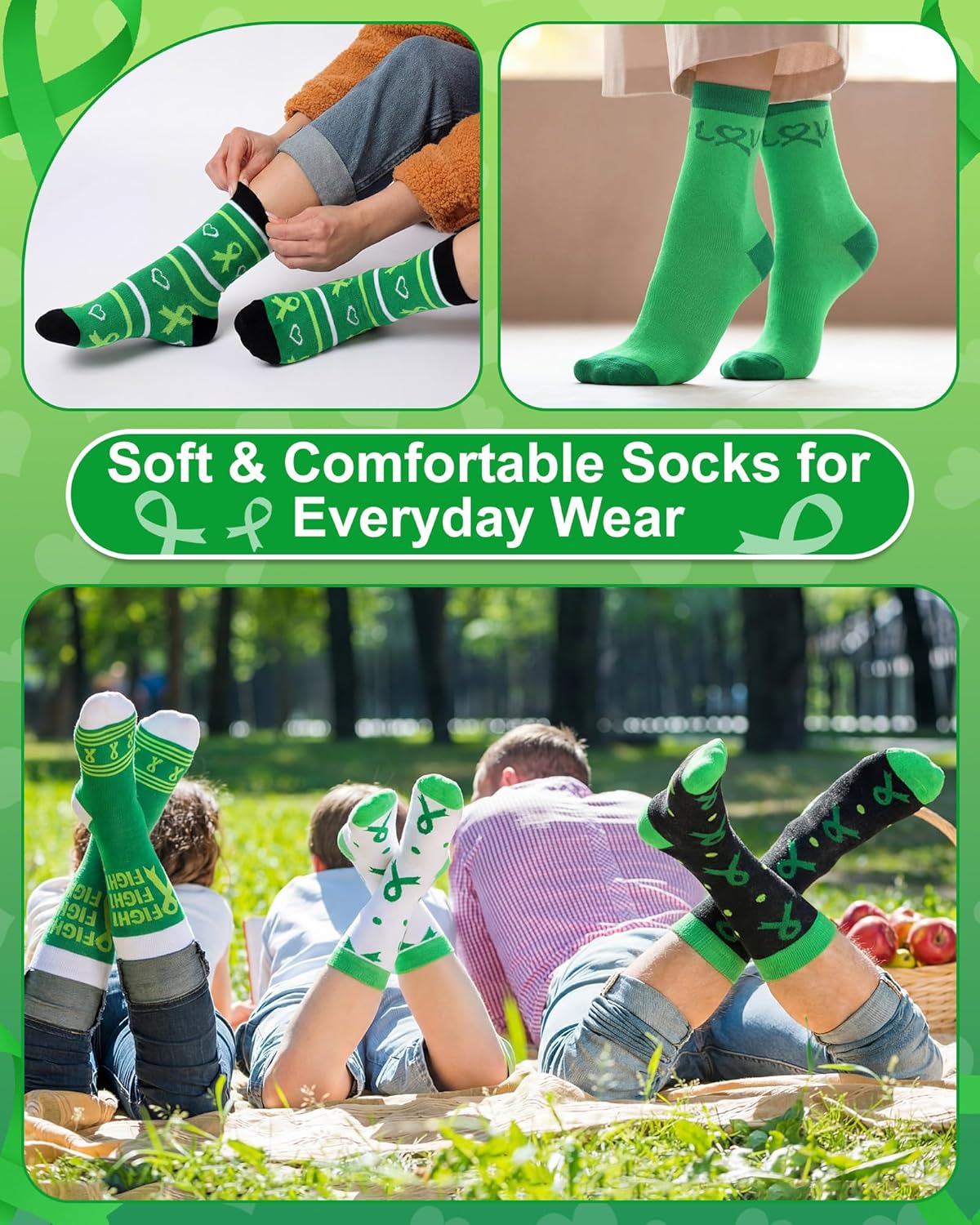 Shinymoon 24 Pairs Mental Health Awareness Socks Bulk Green Ribbon Novelty Crew Sock Gifts for Women Men
