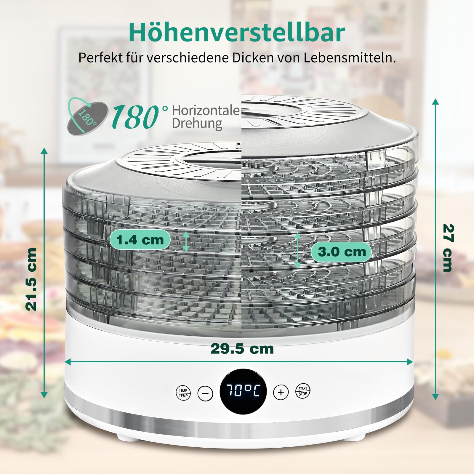 Aigostar Dörrautomat, LED-Anzeige, 5 höhenverstellbaren Tabletts, 48h-Timer, Dörrgerät mit "FAN"-Modus & einstellbarer Temperatur 35-70°C, leiser Betrieb, 380W, BPA-frei, Rezeptbuch inklusive