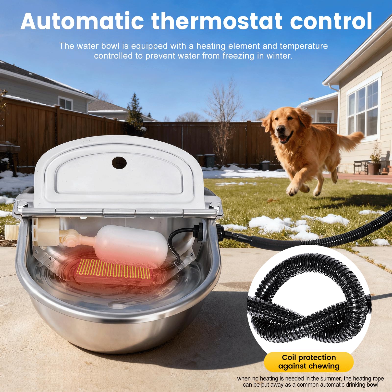 Cuenco de agua con calefacción para gatos al aire libre, cuenco térmico automático para perros con cable antimasticación y dispensador automático de agua para perros, gatos, caballos, vacas