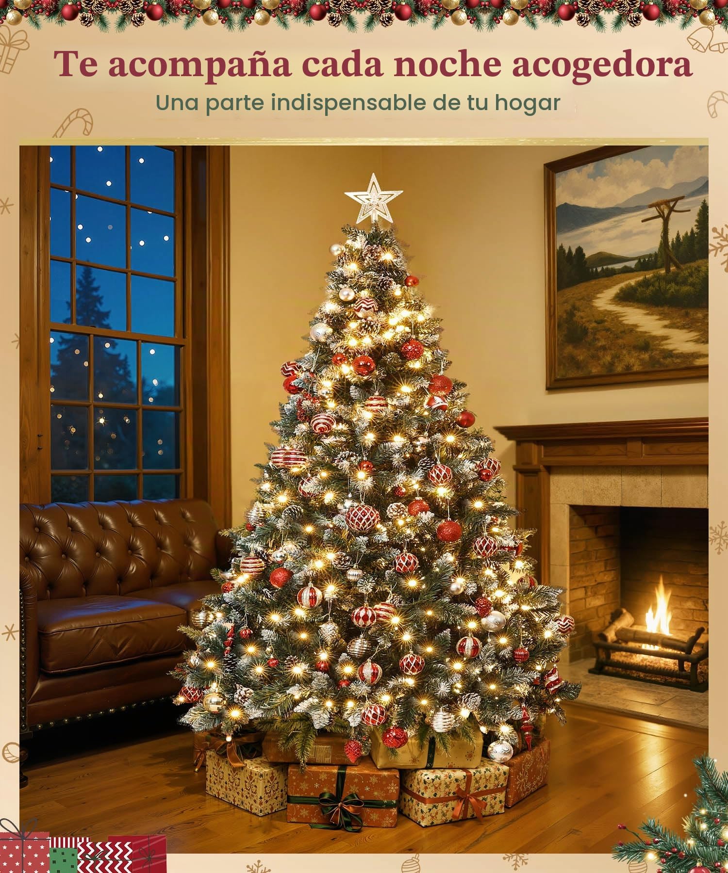 Yorbay Árbol de Navidad Artificial con Luces Led de Color Blanco cálido y Blanco Nevado Grande (150 cm 240LED)