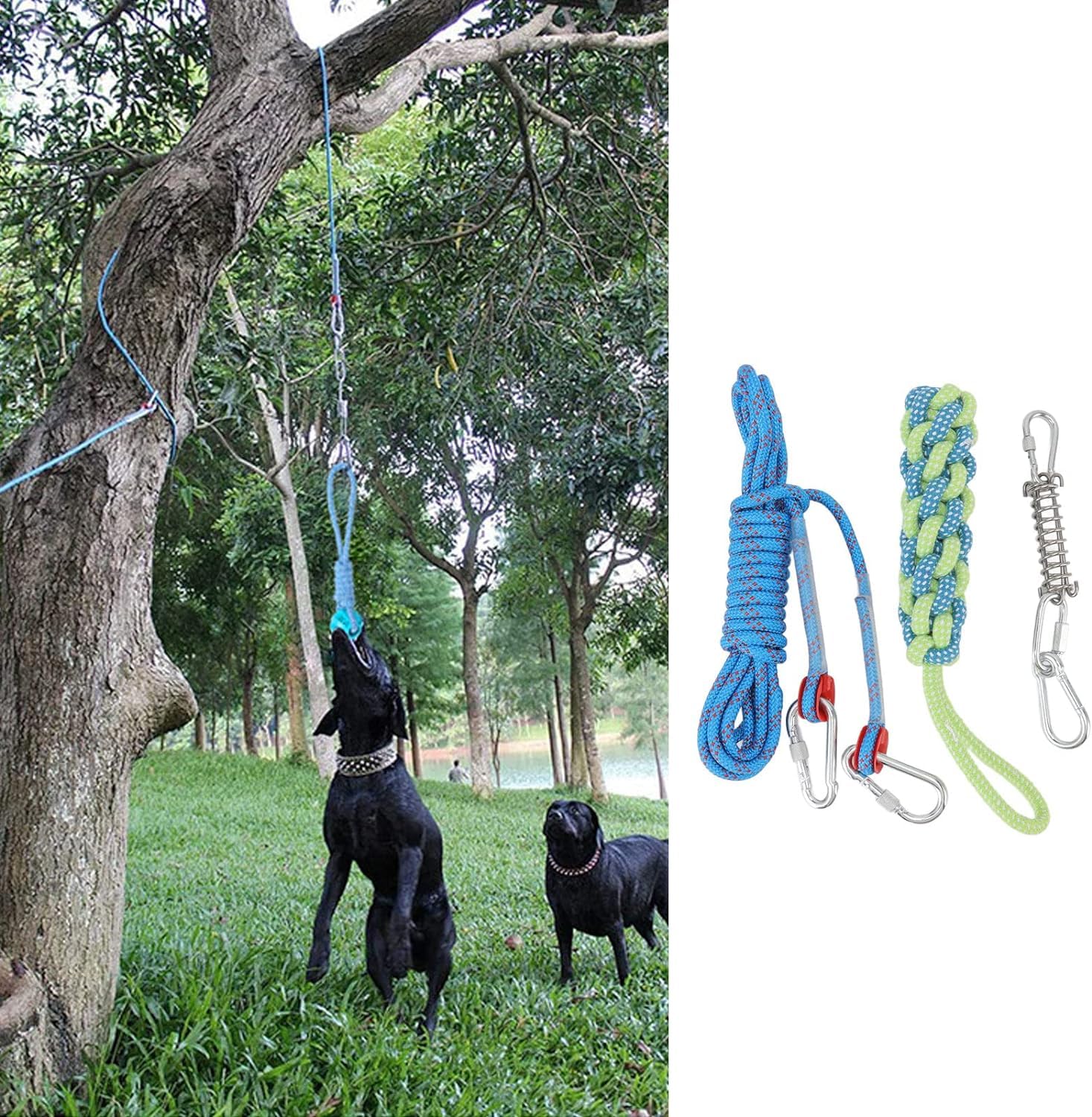Spring Pole Dog Rope Toys, interaktywne wiszące zabawki dla psów Bungee dla średnich i dużych psów 16,4 stopy, wiszące na zewnątrz liny do ćwiczeń Pull Tug of War Toy Muscle Builder