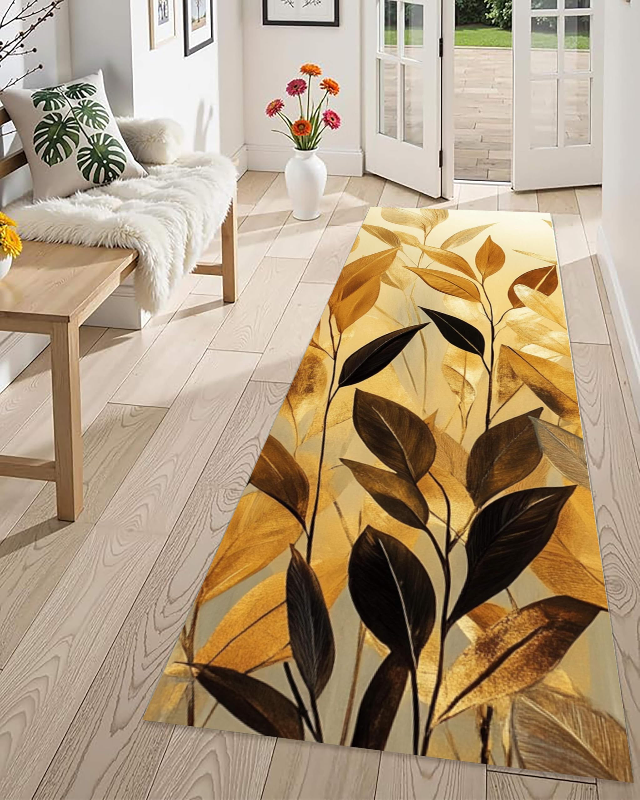 Plant Theme Runner Rug,80x300cm, Rustic Vintage Brown Black Leaf Creative Art Long Hallway Rugs, Summer Leaf Kitchen Floor Mat Washable Non-Slip Absorbent Runner Rugs for Living Room Bathroom Office — image 1
