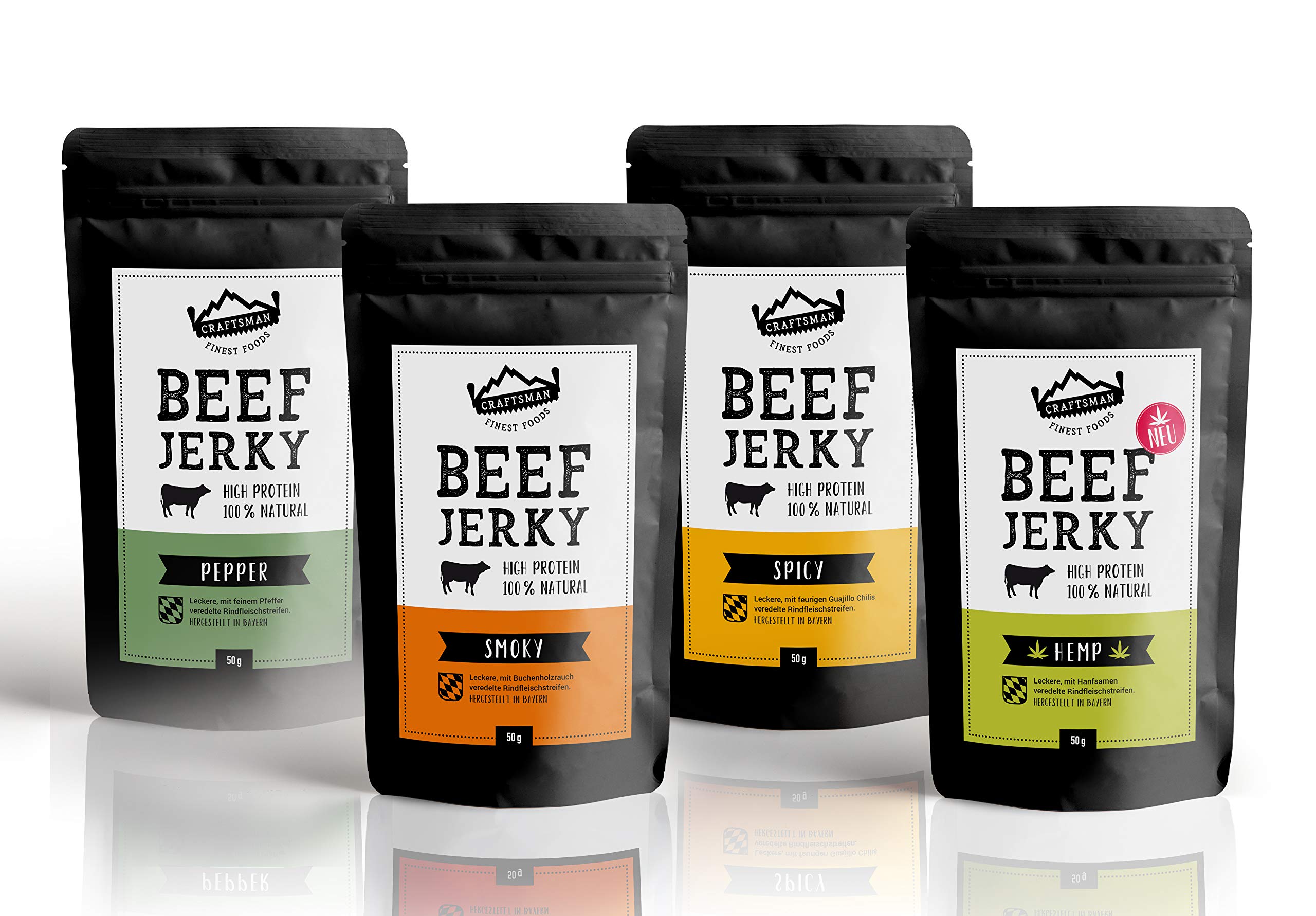 Craftsman Beef Jerky zuckerfrei 100% natürlich Set 4 x 50 g Probierpack | Weiderind, Rindfleisch aus Bayern, ohne Zucker, ohne Allergene, Trockenfleisch Pfeffer Smoky Chili Hanf