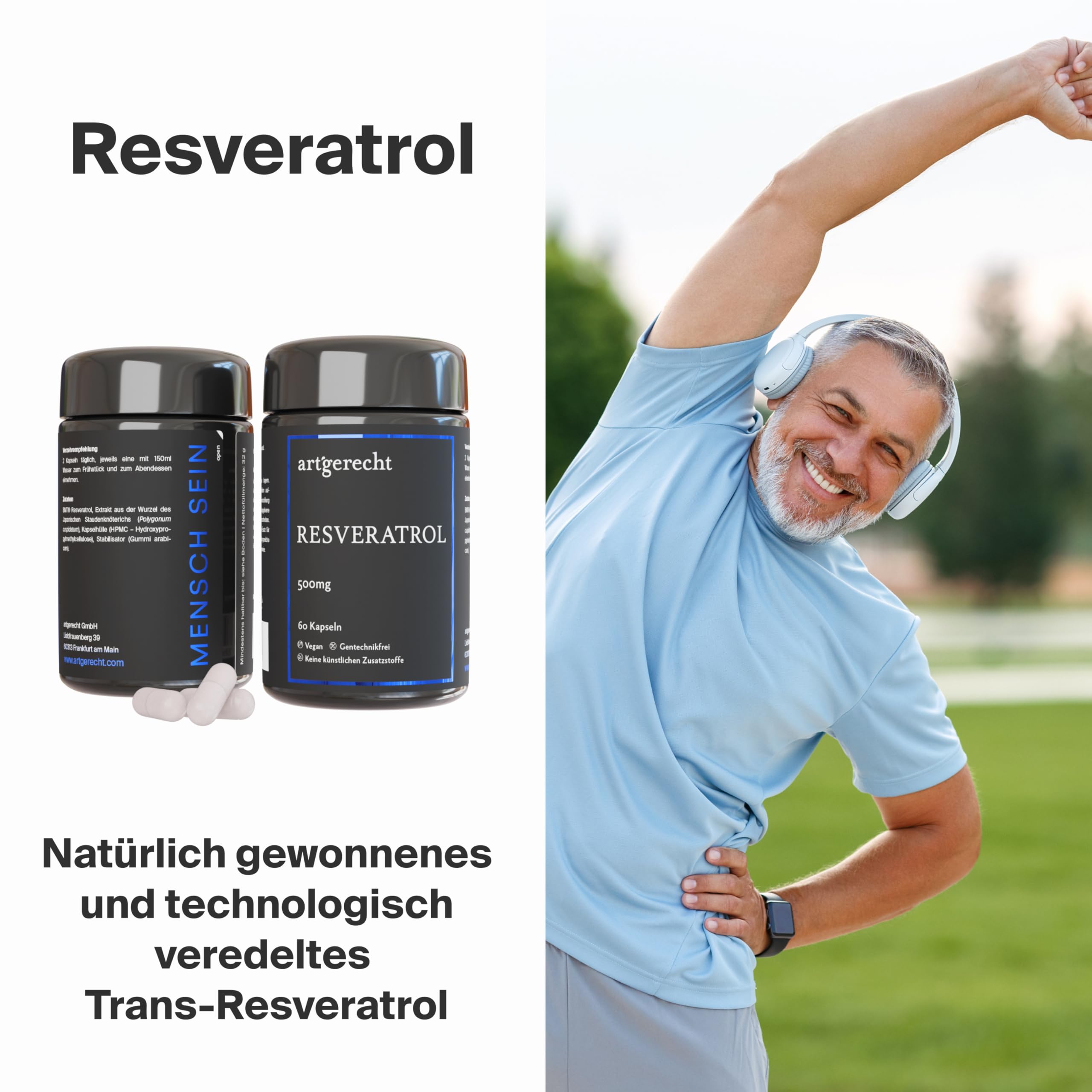 RESVERATROL 500 mg 60 Kapseln – Hochdosiertes Trans-Resveratrol mit BMT® Mikroverkapselung | Unterstützt Zellschutz, Herzgesundheit, Vitalität | Vegan, ohne Zusatzstoffe | Japanischer Staudenknöterich
