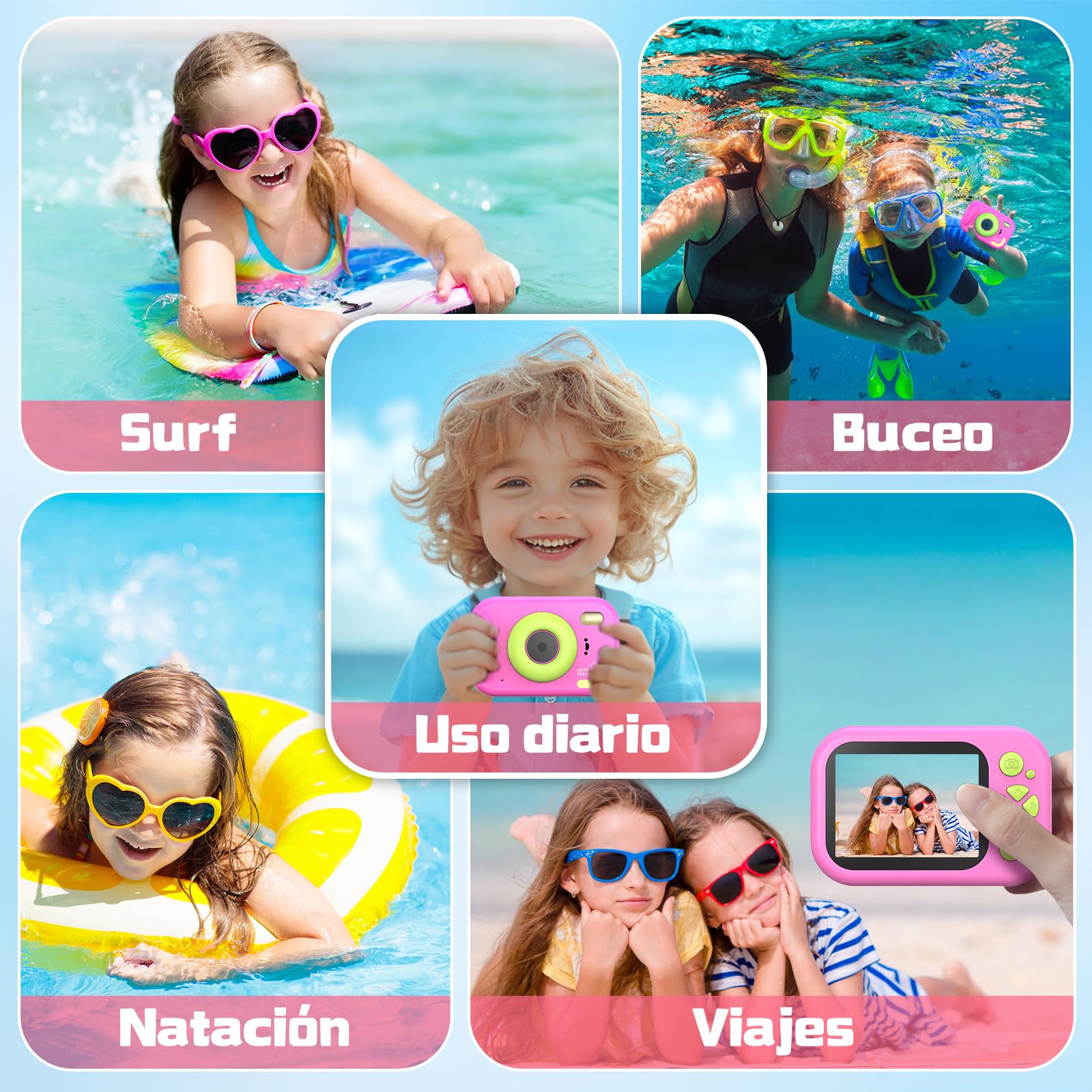CHAKEYAKE Camara Acuatica Infantil, 1080P IP67 Cámara Fotos Impermeable con Tarjeta 32GB, Pantalla de 2.4'', Zoom Digital 10X, Juguete para Piscina y Playa, Regalo para Niños Niñas de 3–12 Años