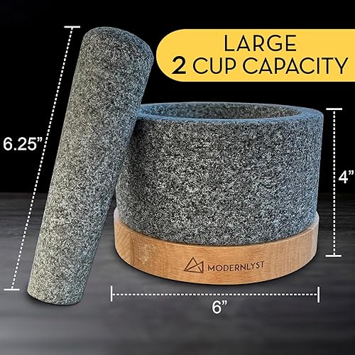 Miniatura 3 de Juego de mortero y mortero sin pulir grande  100% granito resistente  Molcajete Mexicano  Capacidad de 2 tazas  Base de madera duradera  Cuenco de