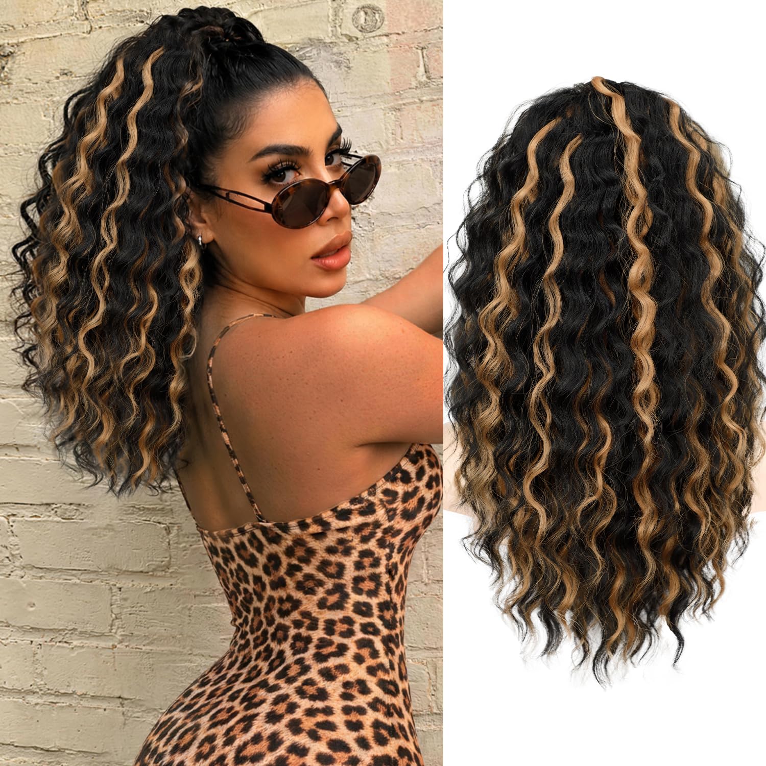 KooKaStyle Black Mixed Ginger Curly Drawstring Ponytail Extension Synthetic | 18 Inch Yaki Textured Synthetic Hairpieces for Women Daily Work Party